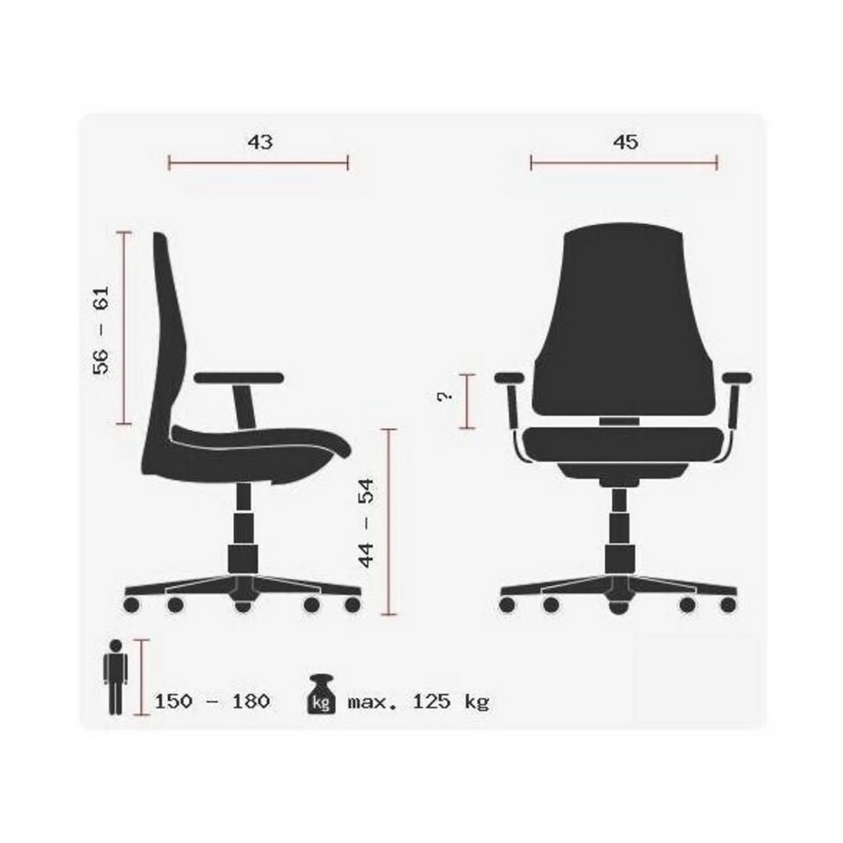 Technische Zeichnung des Profi-Bürostuhls ZERO 35 AL mit einer maximalen Belastung von 125 kg von Sitwell Steifensand