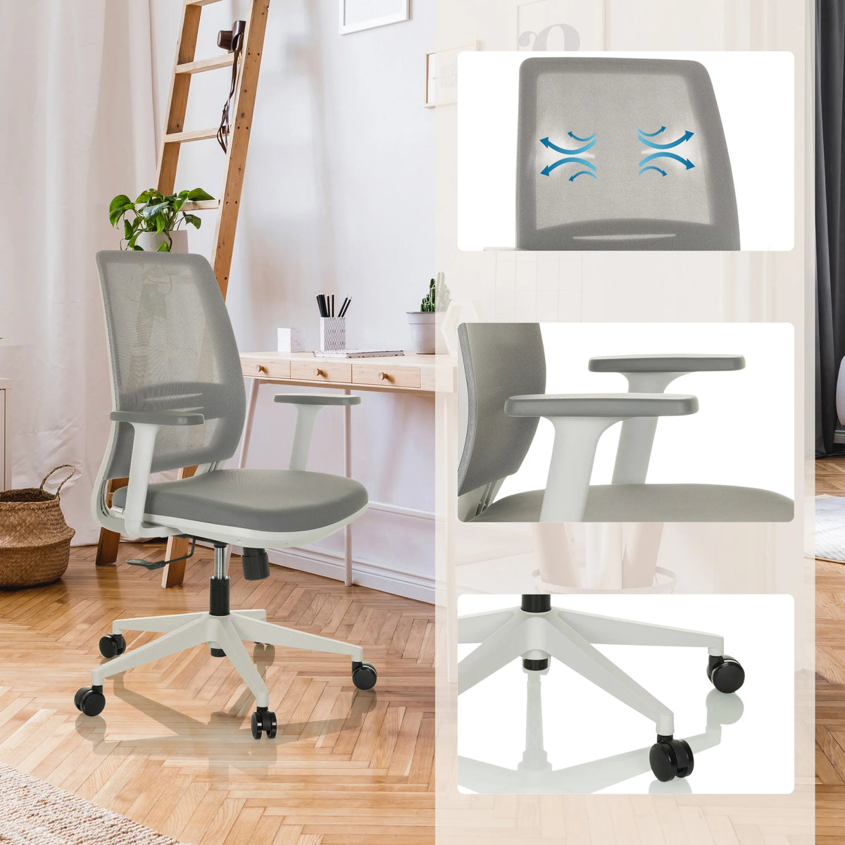 Grauer Homeoffice-Bürostuhl PROFONDO ECO W mit Netzrücken, Armlehnen und weißem Fußkreuz von hjh OFFICE