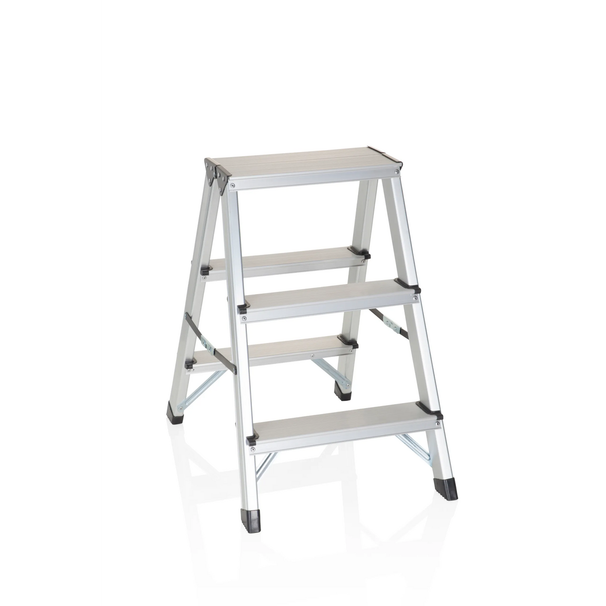 Silberne Klappleiter SOLID aus Aluminium mit drei Stufen von hjh OFFICE – 360-Grad-Ansicht (Frontansicht 20°)