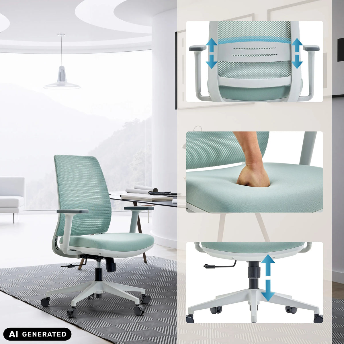 Homeoffice-Bürostuhl PROFONDO ECO W in Mint mit verstellbaren Armlehnen und Sitzhöhe von hjh OFFICE (KI-generiertes Bild)