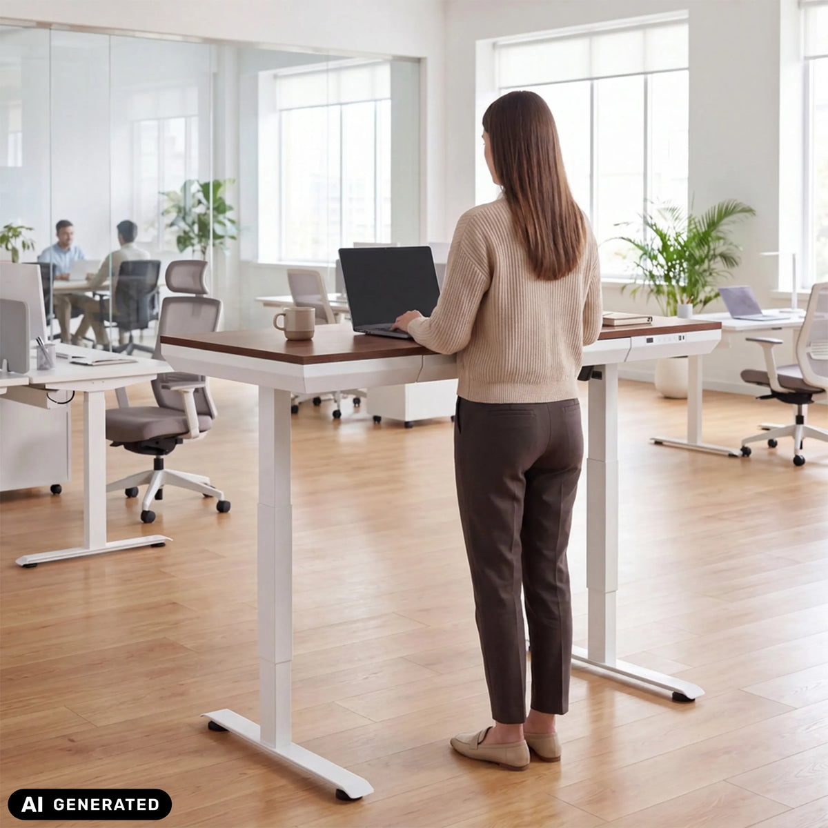 Elektrisch höhenverstellbarer Schreibtisch Worktime Plus in Walnuss und Weiß von hjh OFFICE (KI-generiertes Bild)