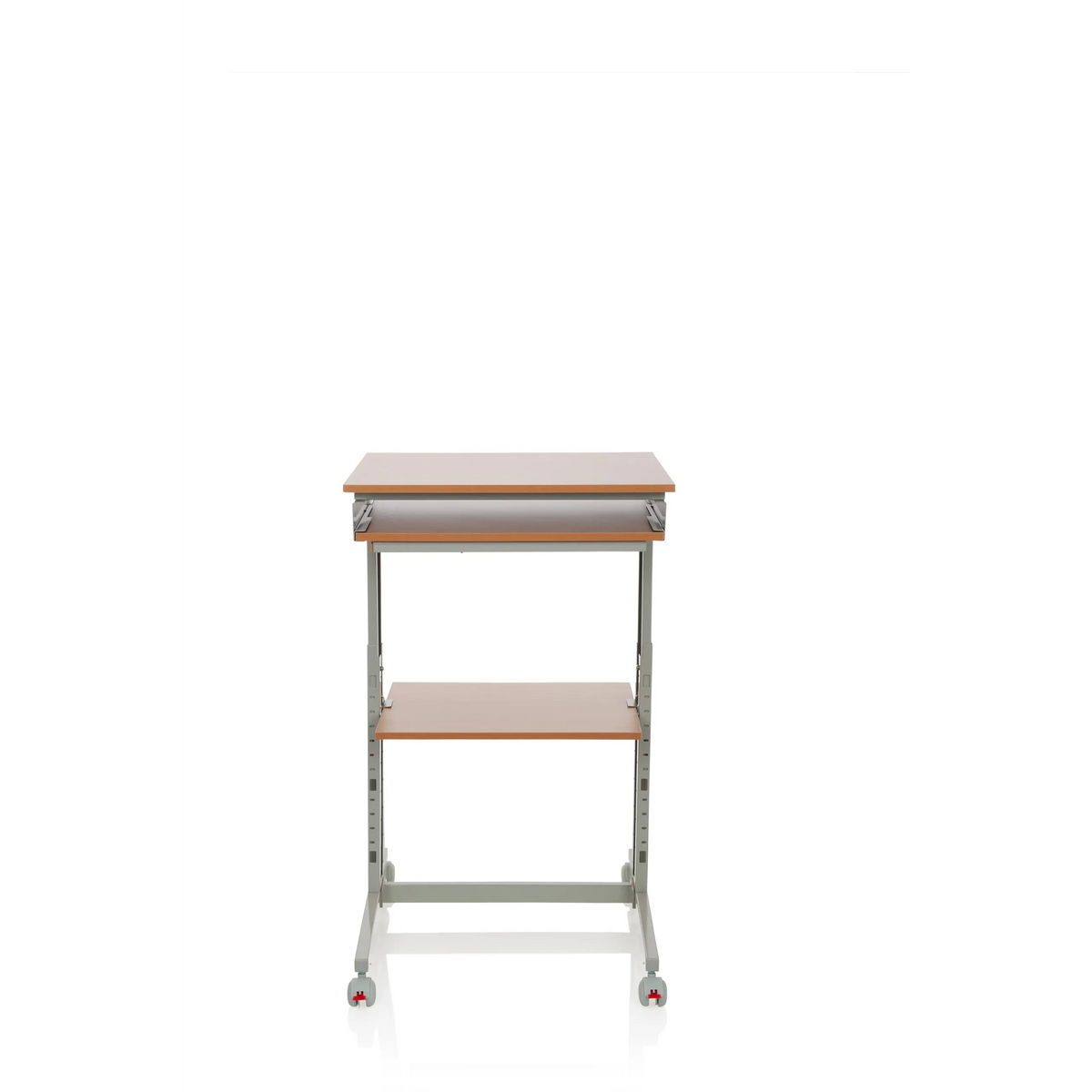 Grauer Stehschreibtisch WORKSTATION in Buche mit Ablagefläche und vier Rollen von hjh OFFICE – 360-Grad-Ansicht (Frontansicht 0°)