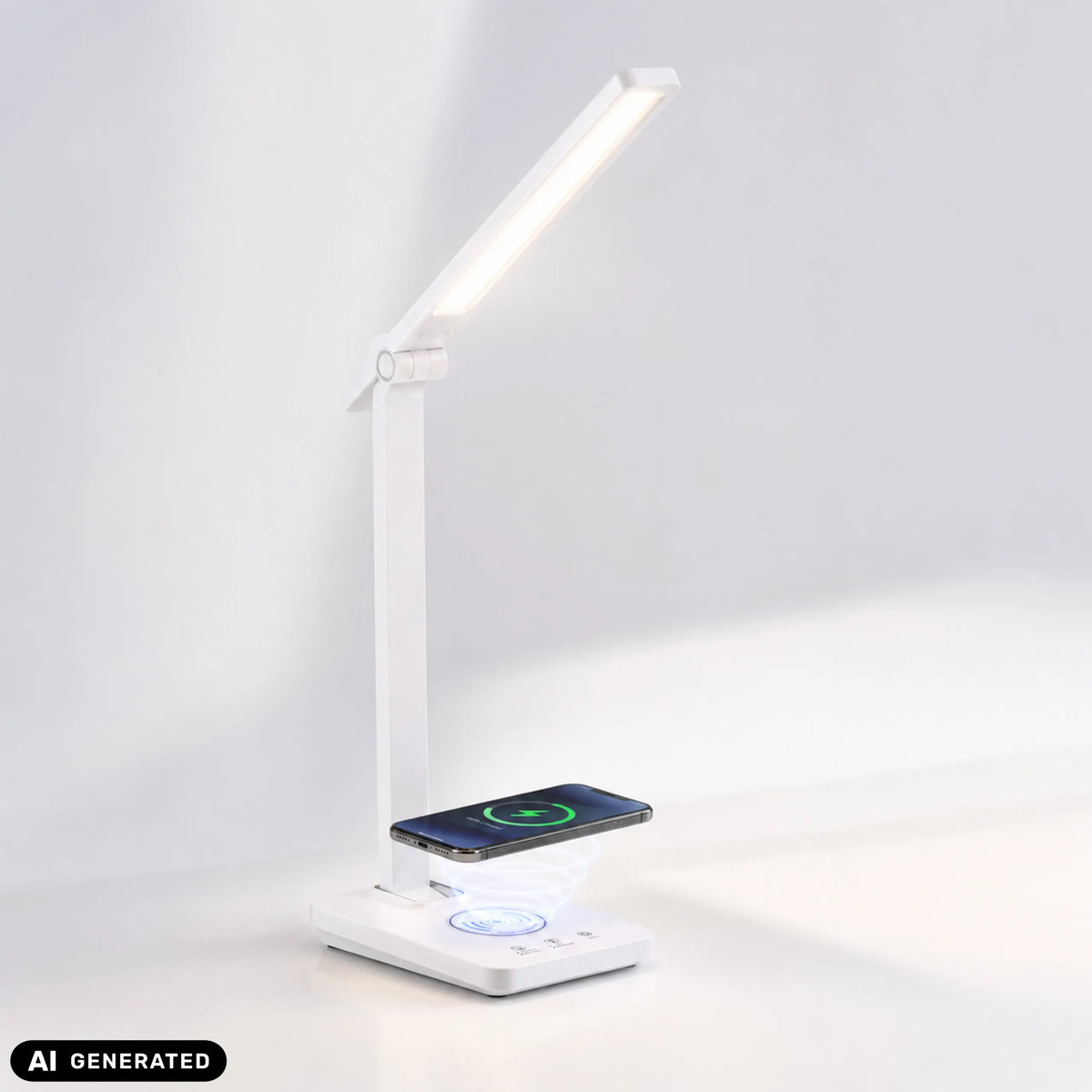 Weiße Schreibtischlampe Lumanova D1 mit integrierter Ladestation von hjh OFFICE (KI-generiertes Bild)