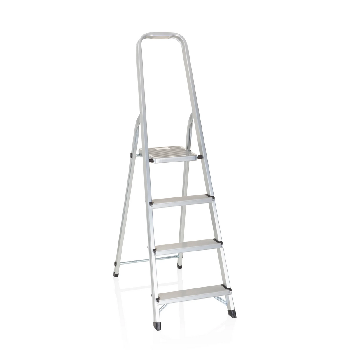 Silberne Klappleiter SOLID II aus Aluminium mit vier Stufen und Handgriff von hjh OFFICE – 360-Grad-Ansicht (Frontansicht 20°)