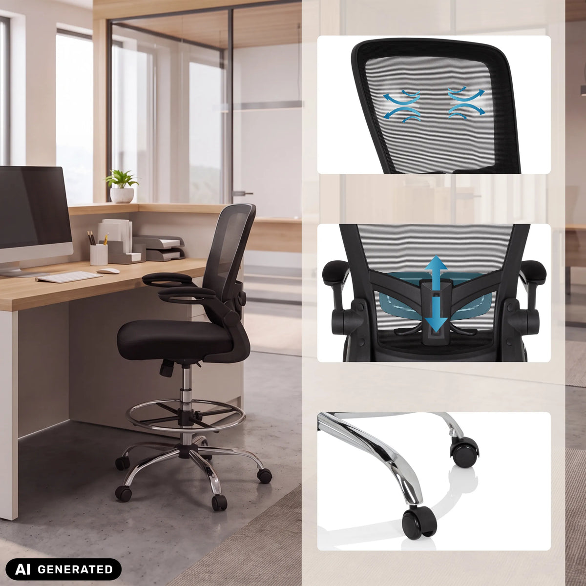 Counterstuhl VENDO WORK in Schwarz mit Detailansichten der Rückenlehne und Rollen von hjh OFFICE (KI-generiertes Bild)