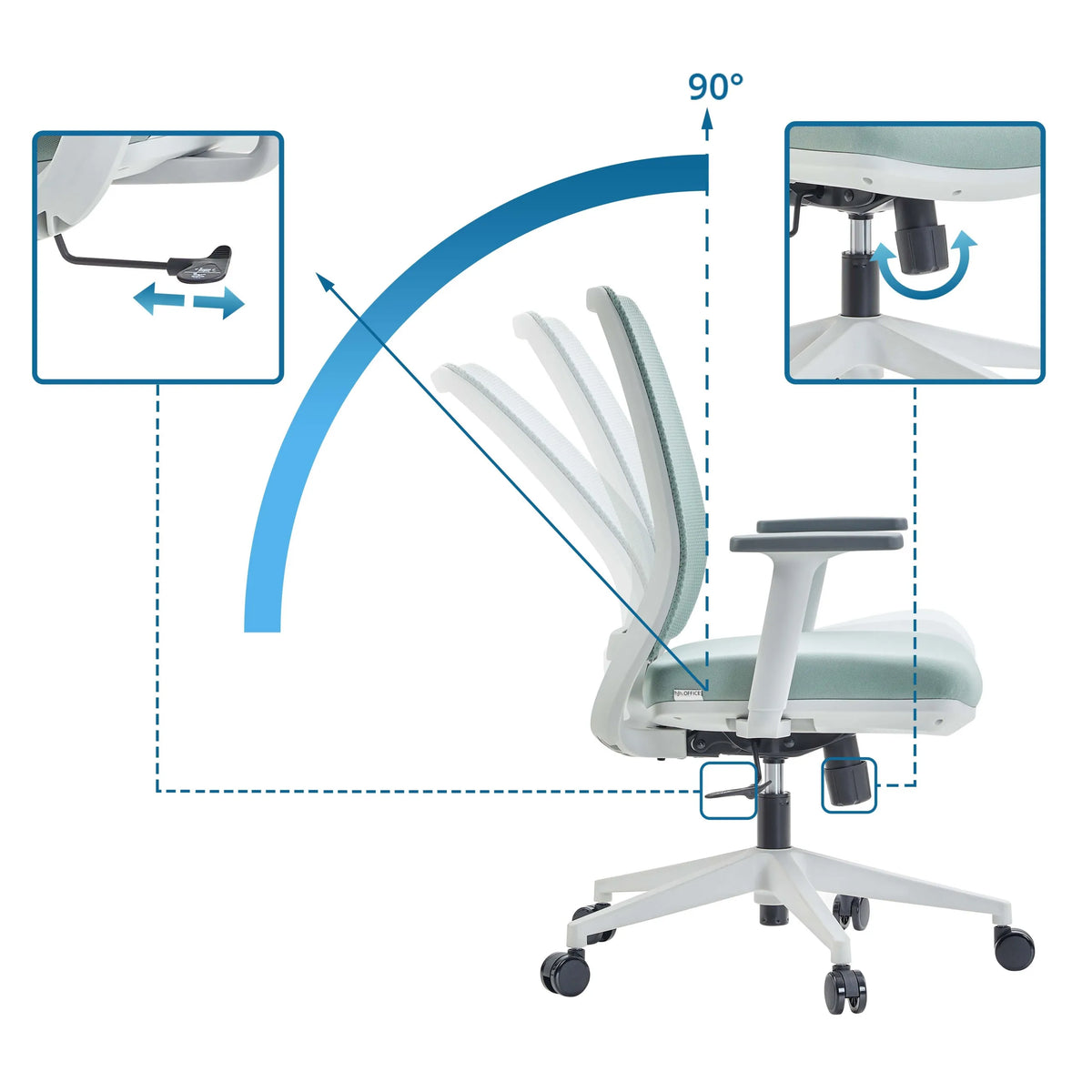 Einstellmöglichkeiten der Rückenlehne und Sitzhöhe des Homeoffice-Bürostuhls PROFONDO ECO W in Mint von hjh OFFICE