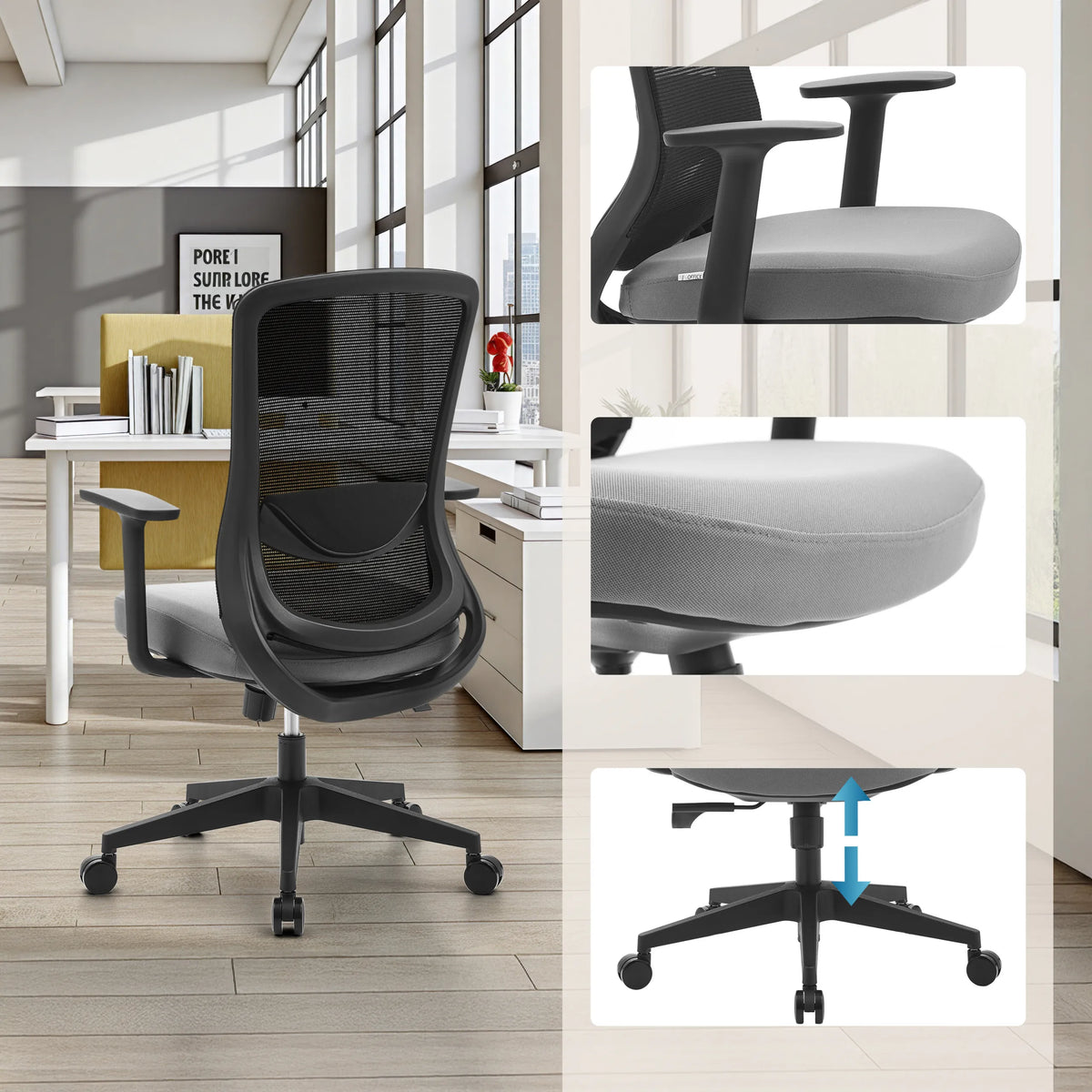 Home-Office-Bürostuhl Sedito in Schwarz-Grau mit verstellbaren Armlehnen und Gasdruckfeder von hjh OFFICE