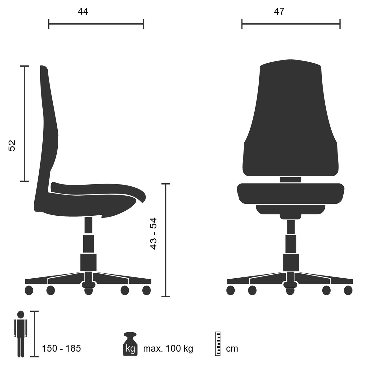Technische Zeichnung des Home-Office-Bürostuhls CITY 10 mit einer Sitzhöhe von 43 bis 54 cm von hjh OFFICE