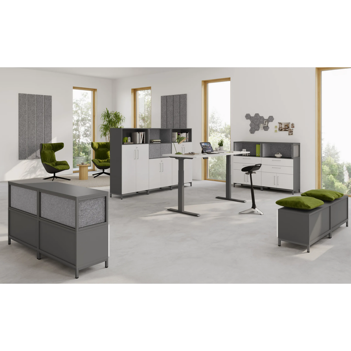 Moderner Büroeinrichtungs-Set FlexWall mit höhenverstellbarem Schreibtisch und Schränken in Graphit von hjh OFFICE PRO