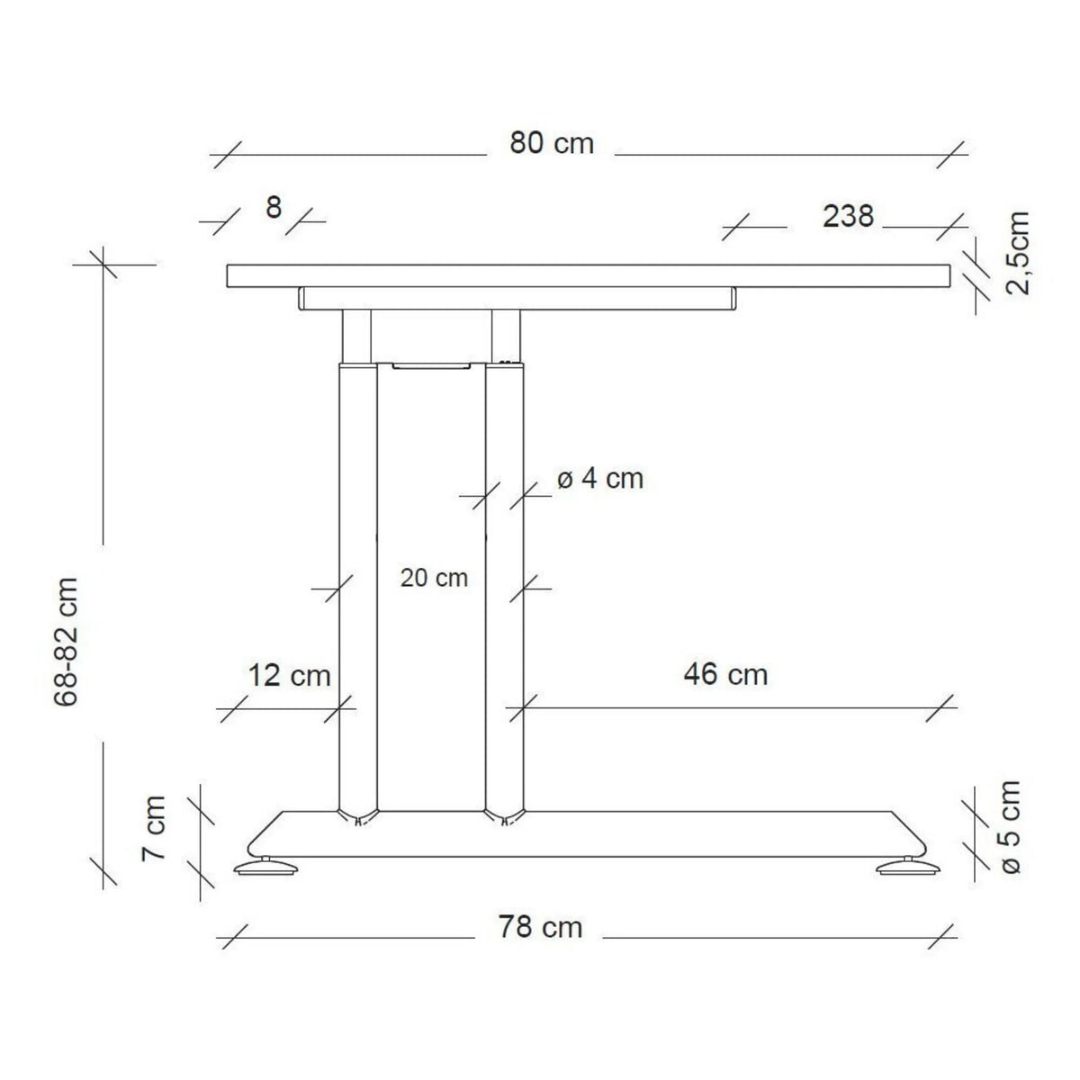 Maßzeichnung des höhenverstellbaren Schreibtischs ZENO 19 S mit einer Tiefe von 80 cm von hjh OFFICE PRO