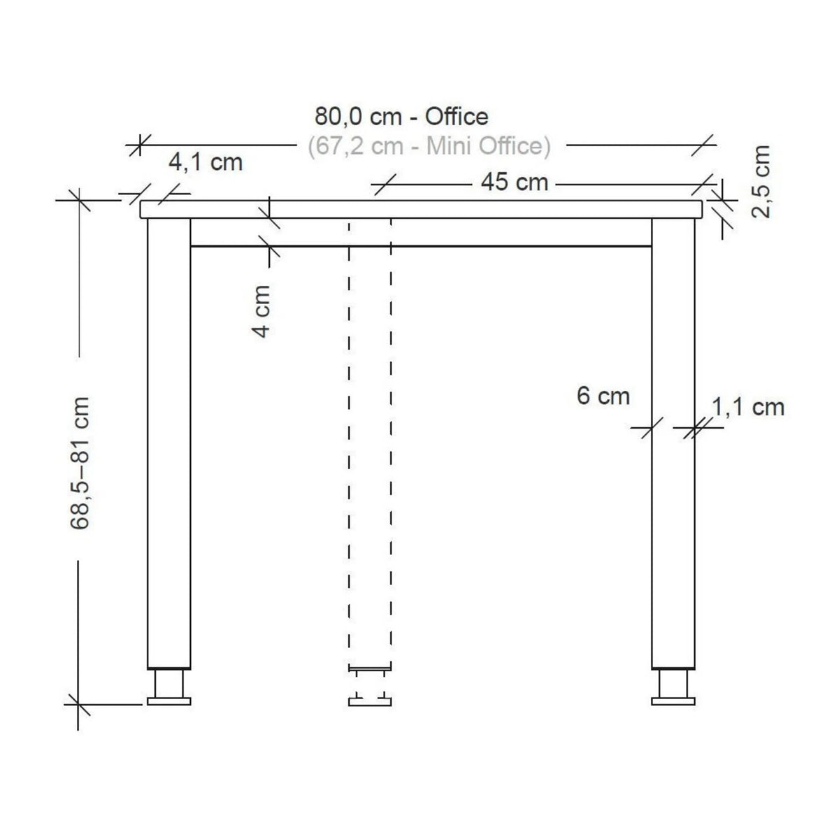 Maßzeichnung des Schreibtischs QUEO 19 S der Serie QUEO mit einer Höhe von 68,5–81 cm von hjh OFFICE PRO