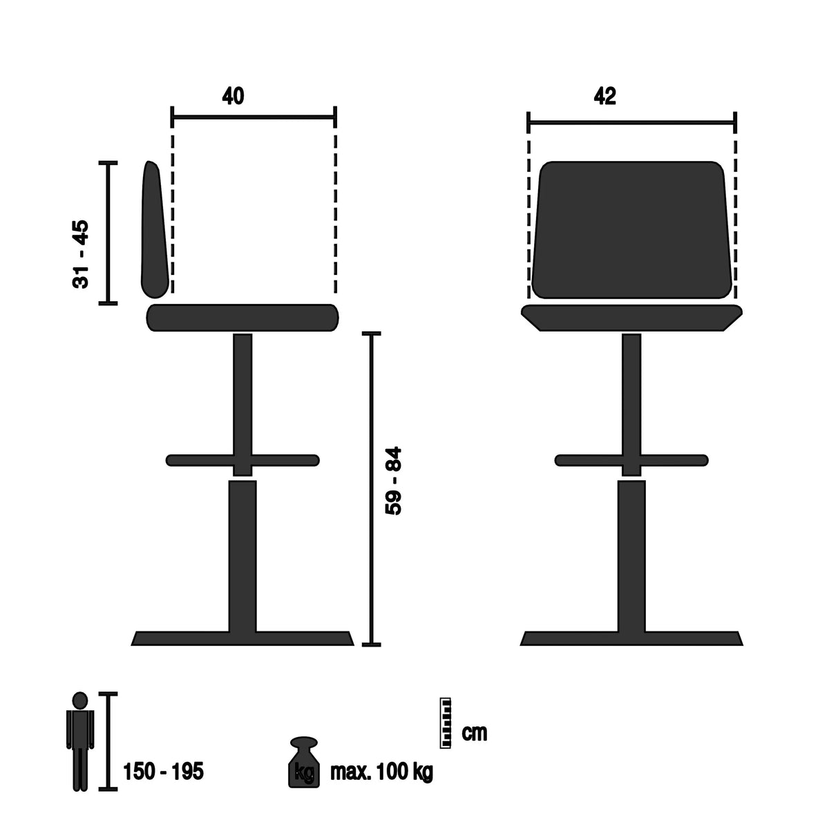 Technische Zeichnung des Counterstuhls TOP WORK 11 mit einer maximalen Belastung von 100 kg von hjh OFFICE
