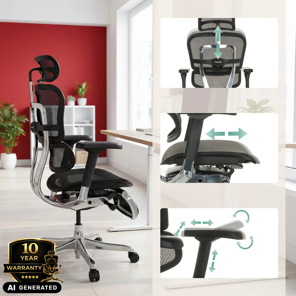 Verstellbare Kopfstütze und Armlehnen des Luxus-Chefsessels ERGOHUMAN PLUS LEGPRO GEN2 von hjh OFFICE (KI-generiertes Bild)