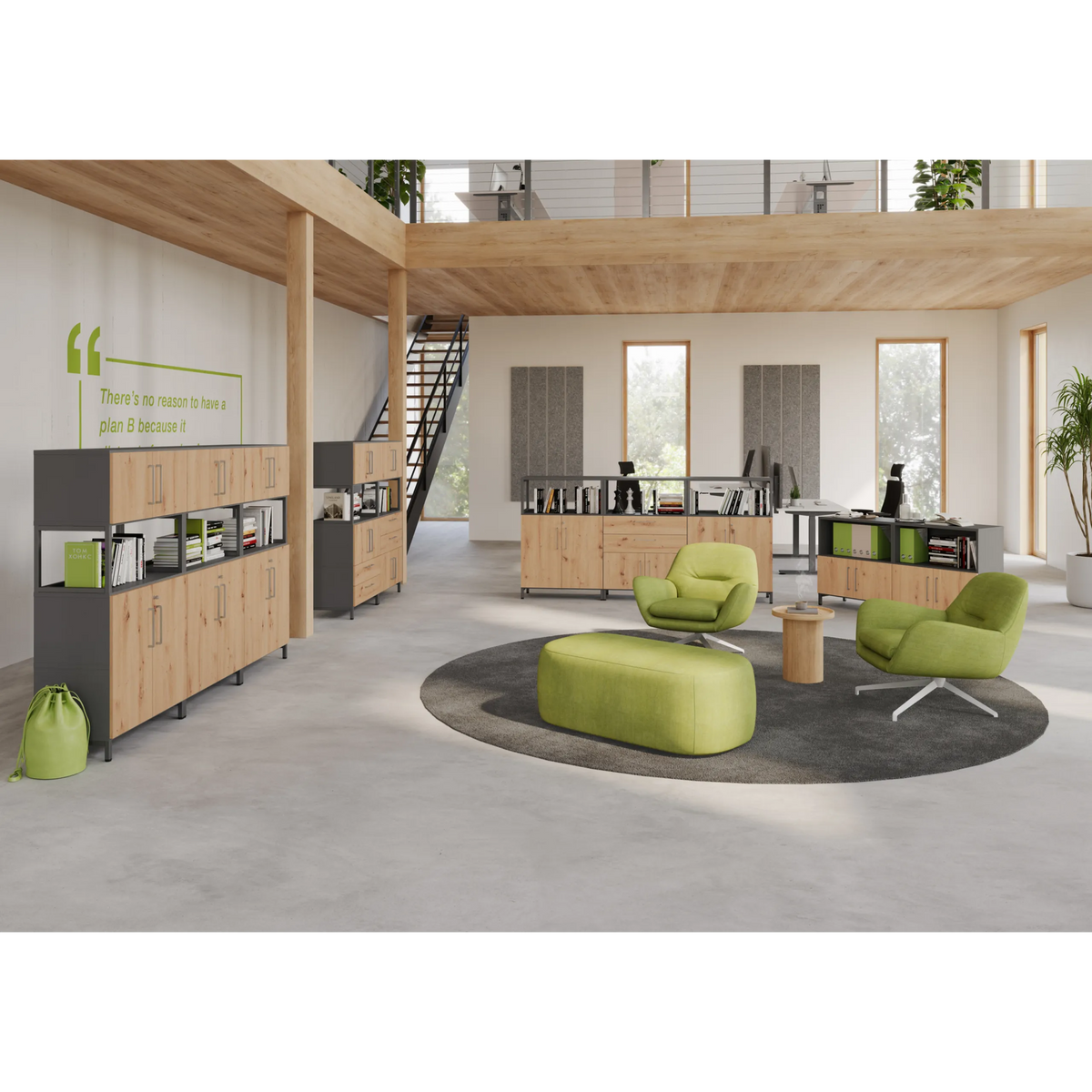 Modulares Regalsystem FlexWall mit Korpus und Rahmen in Graphit und Holzoptik von hjh OFFICE PRO
