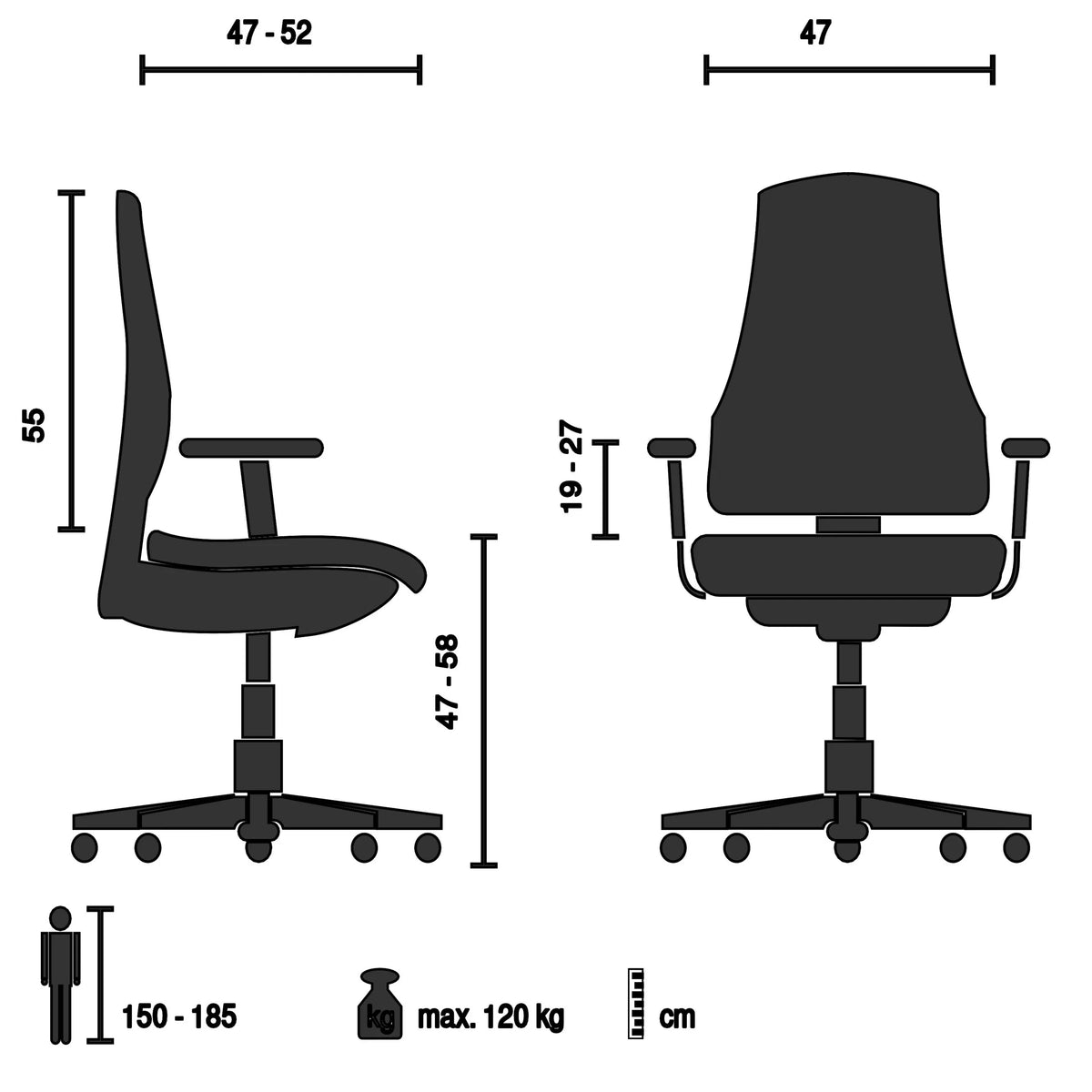 Technische Zeichnung des Profi-Bürostuhls ASTRA BASE mit einer maximalen Belastbarkeit von 120 kg von hjh OFFICE
