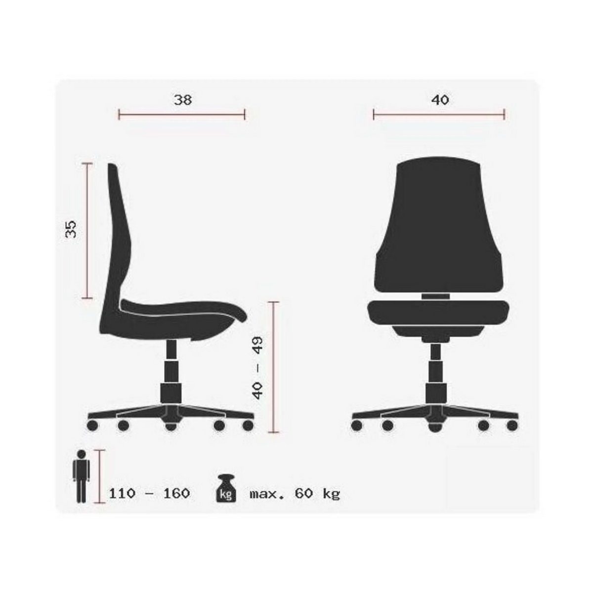 Technische Zeichnung des Kinderdrehstuhls MAXX KID mit einer Sitzhöhe von 40 bis 49 cm von Topstar