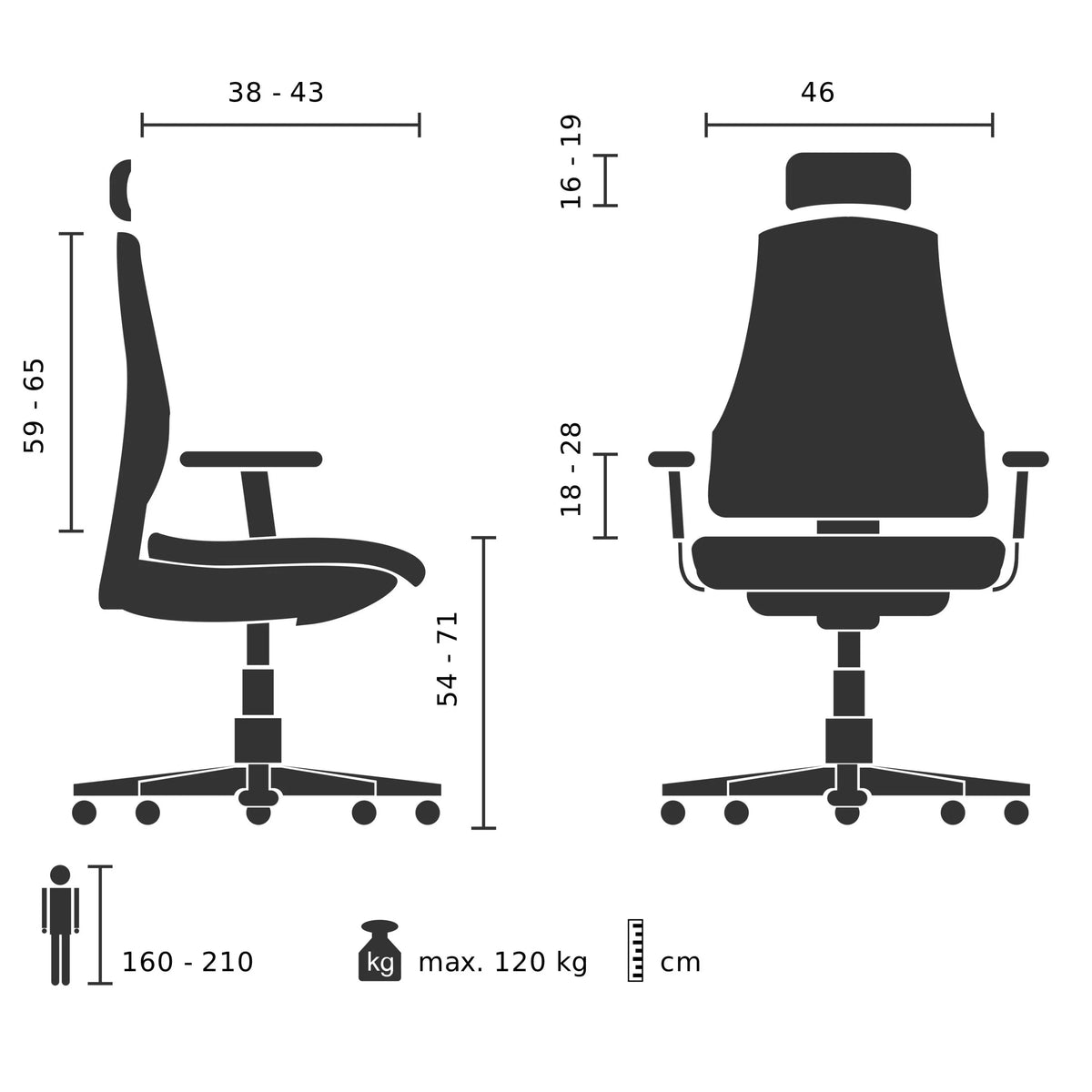 Technische Zeichnung des Counterstuhls RESISTIO WORK mit einer maximalen Belastung von 120 kg von hjh OFFICE