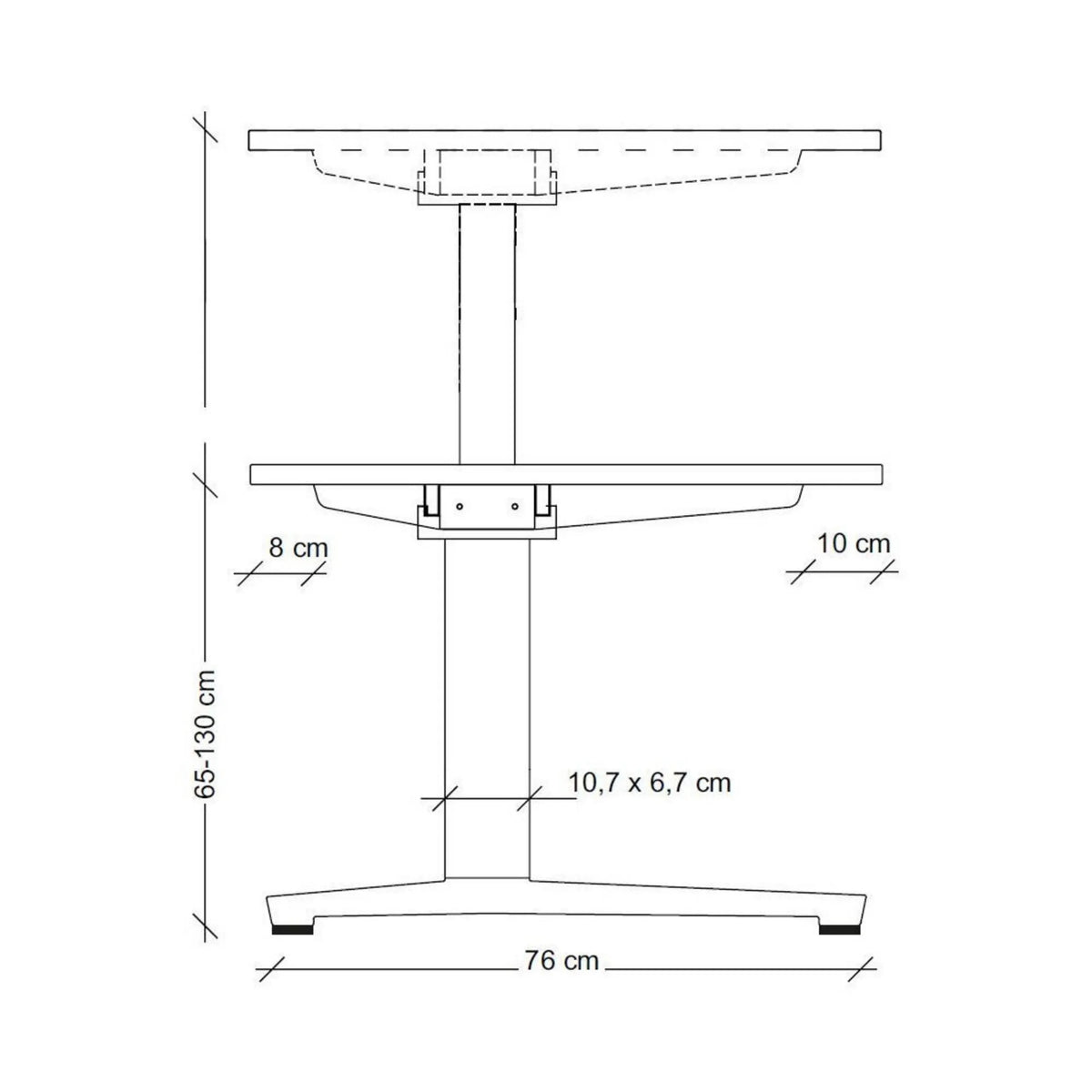 Maßzeichnung des höhenverstellbaren Schreibtischs XBHM 16 WC mit einer Höhe von 65-130 cm von hjh OFFICE PRO