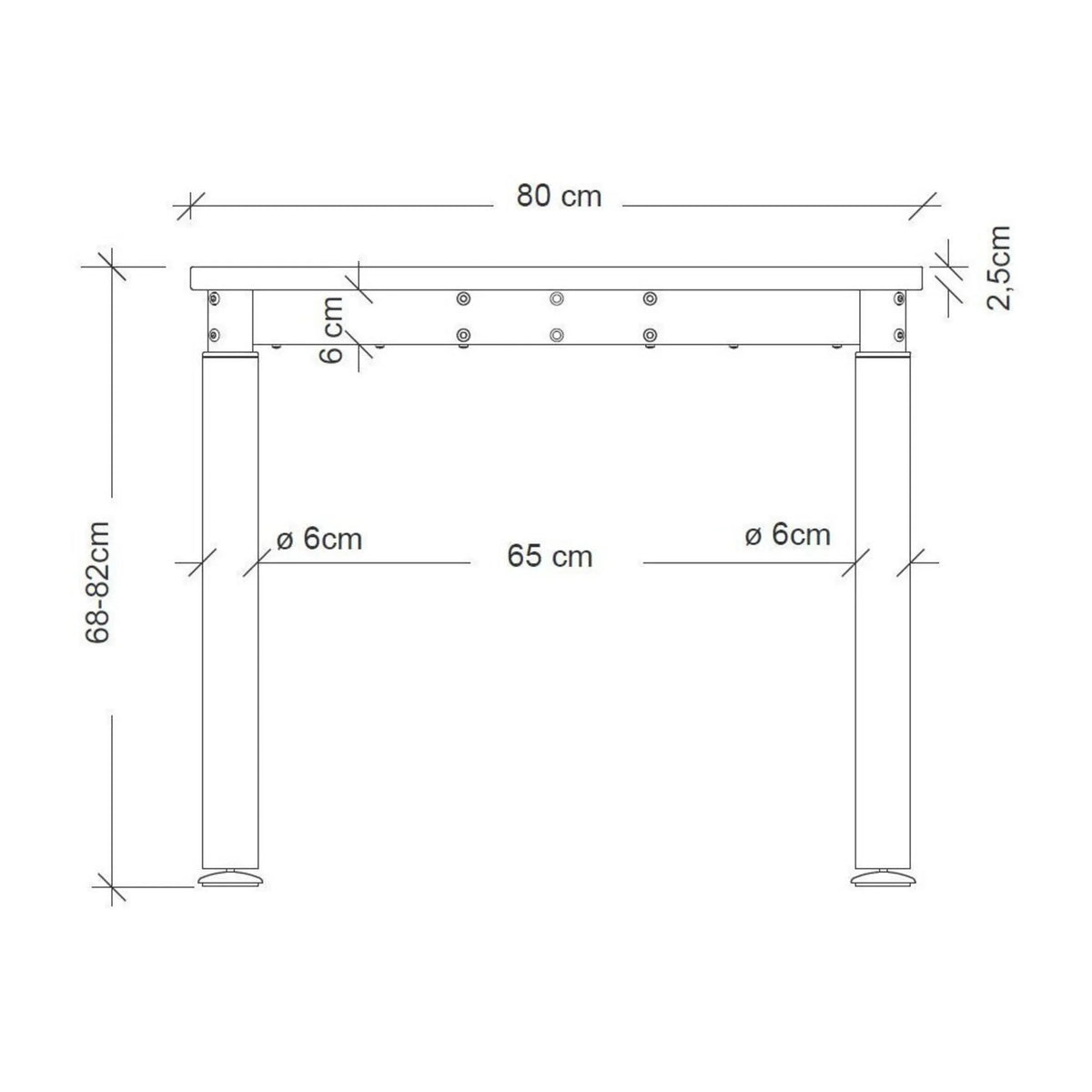 Maßzeichnung des Schreibtisches YAMA 8 S mit einer Breite von 80 cm und Höhe von 68-82 cm von hjh OFFICE PRO