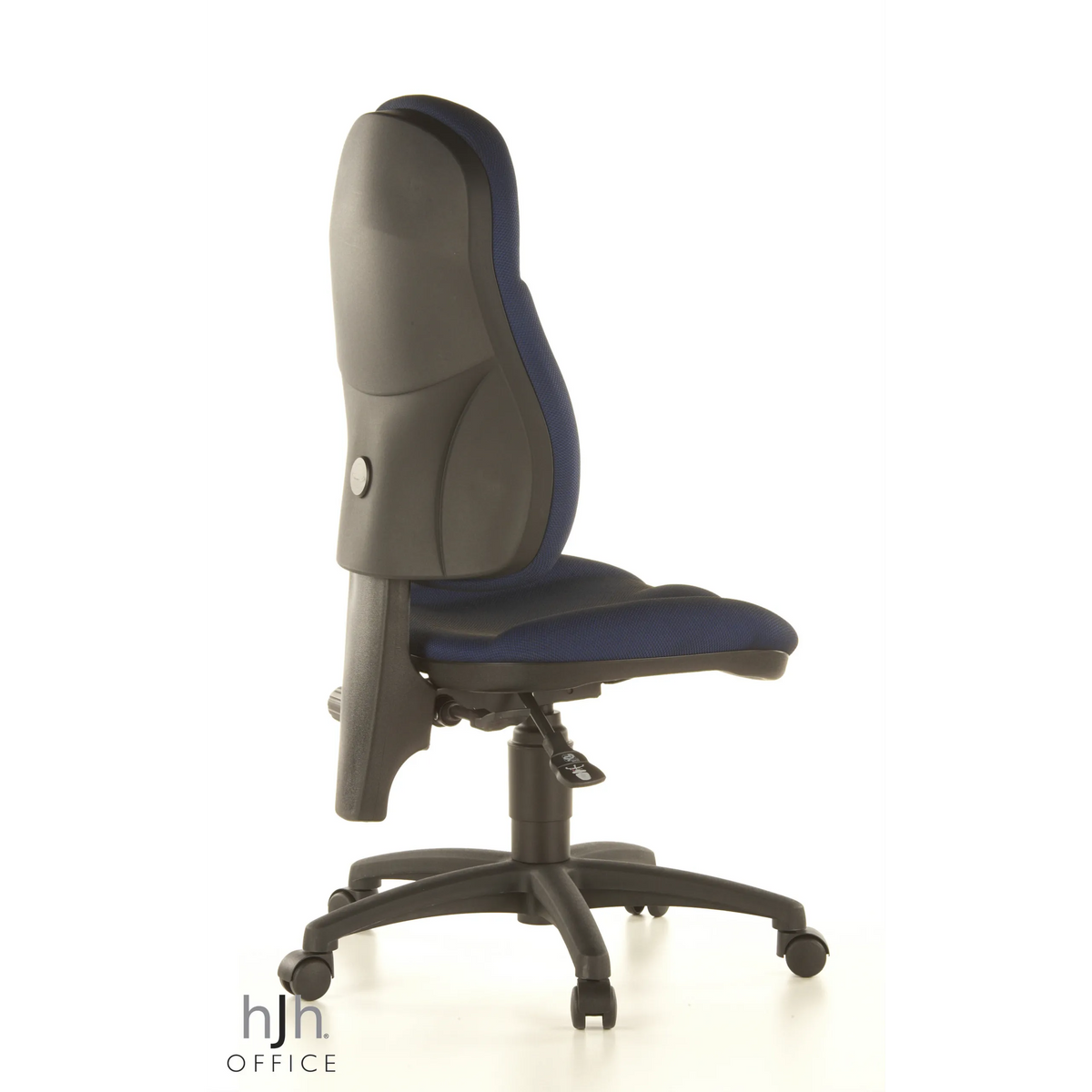 Blauer Homeoffice-Bürostuhl WELLPOINT 10 mit Fußkreuz und fünf Rollen von Topstar – 360-Grad-Ansicht (schräge Rückenansicht 120°)