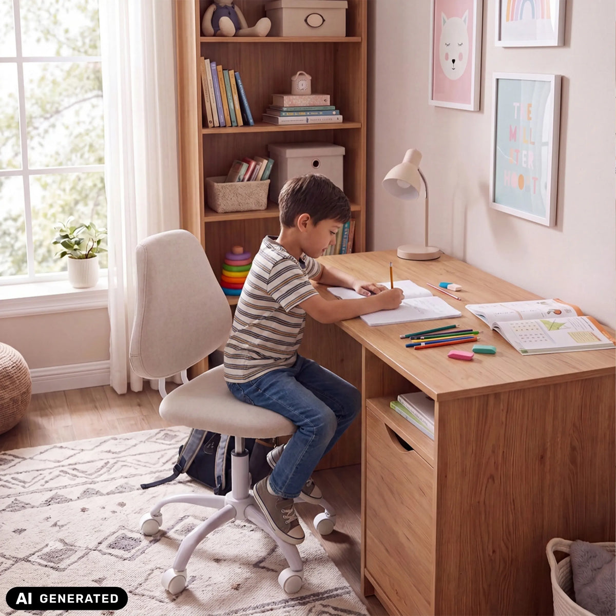 Beiger Kinderdrehstuhl Lumikid an einem Schreibtisch von hjh OFFICE (KI-generiertes Bild)