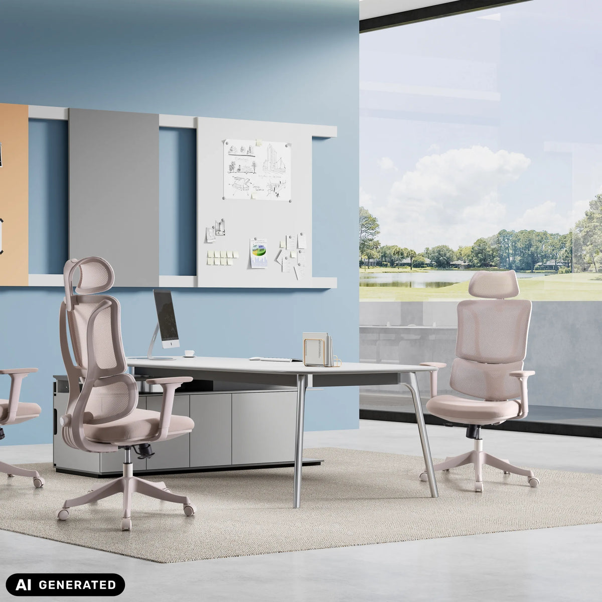 Homeoffice-Bürostuhl Ergomy Colore in Beige mit Netzrücken von MyBuero (KI-generiertes Bild)