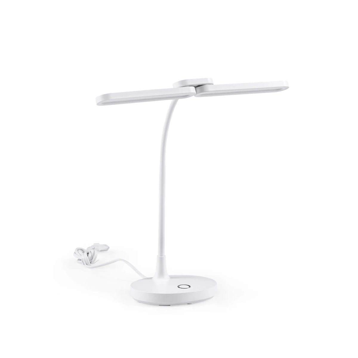 Weiße Schreibtischlampe Lumanova D6 mit rundem Standfuß, flexiblem Hals und flachem Lampenkopf von hjh OFFICE – 360-Grad-Ansicht (Frontansicht 0°)