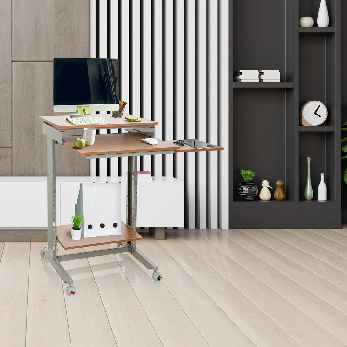 Stehschreibtisch WORKSTATION in Buche und Grau mit drei Ebenen und Rollen von hjh OFFICE