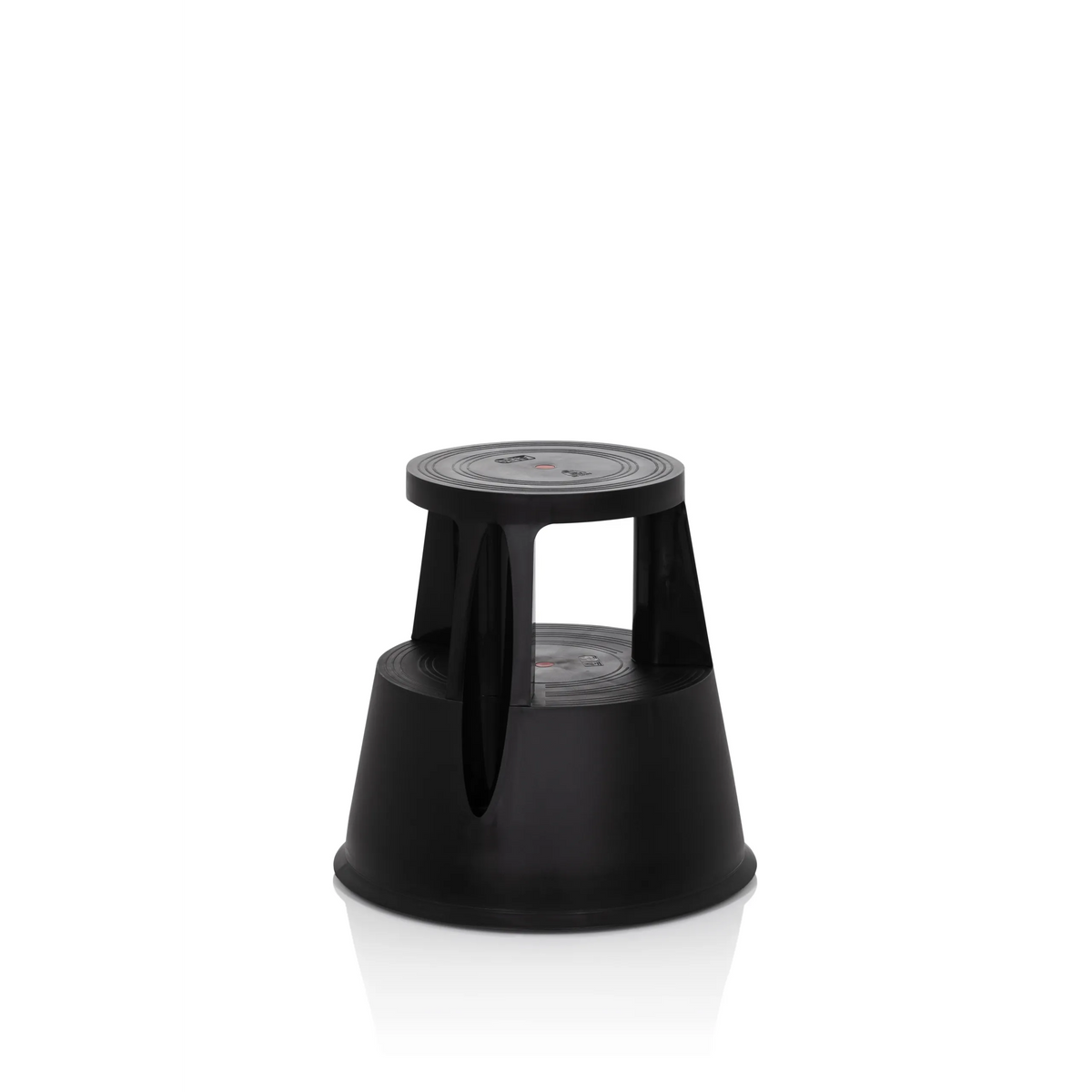 Schwarzer Tritthocker TIO-M I mit runder Trittfläche und konischem Standfuß von hjh OFFICE – 360-Grad-Ansicht (schräge Frontansicht 40°)