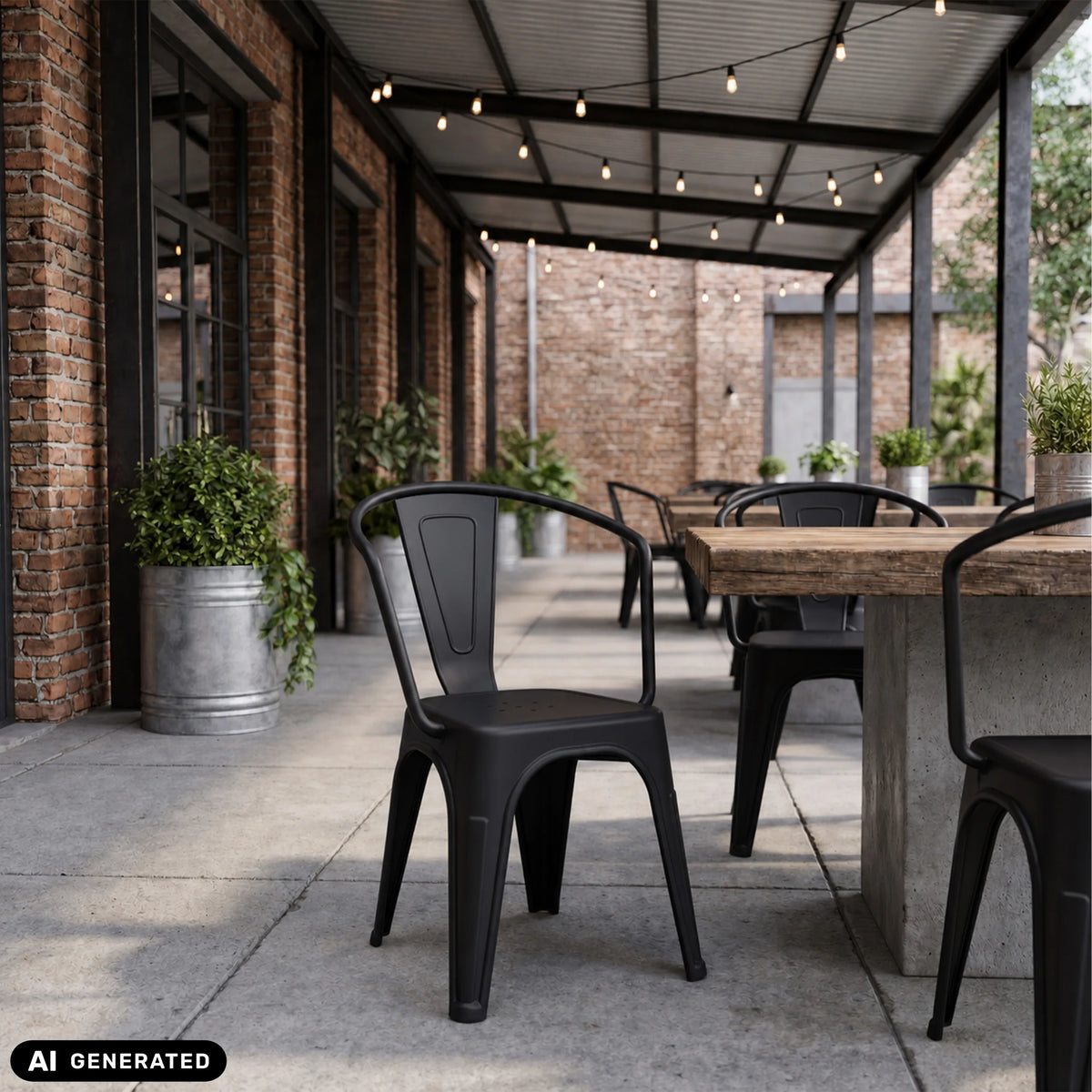 Schwarze Bistrostühle Vantaggio Poly an einem Holztisch im Außenbereich von hjh OFFICE (KI-generiertes Bild)