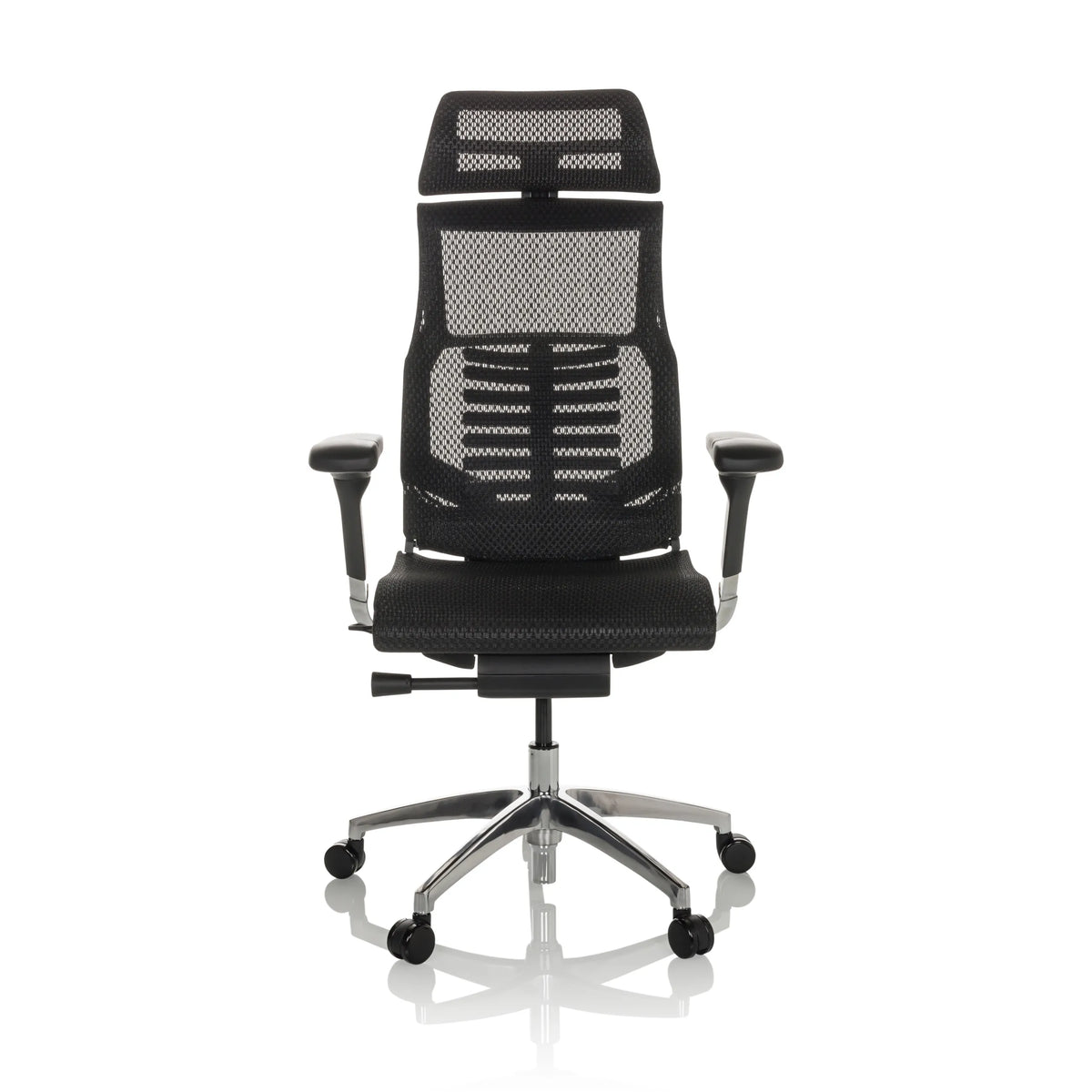 Schwarzer High-End-Bürostuhl POFIT GEN2 mit Netzrücken und Fußkreuz mit fünf Rollen von hjh OFFICE – 360-Grad-Ansicht (Frontansicht 0°)