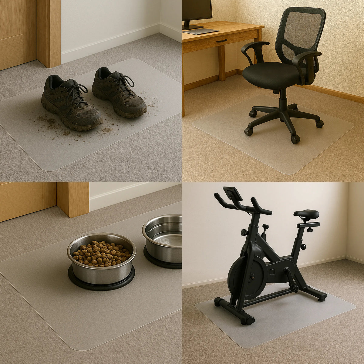 Vier Anwendungsbeispiele der rechteckigen Bodenschutzmatte ADVANTAGEMAT aus transparentem Vinyl von Floortex