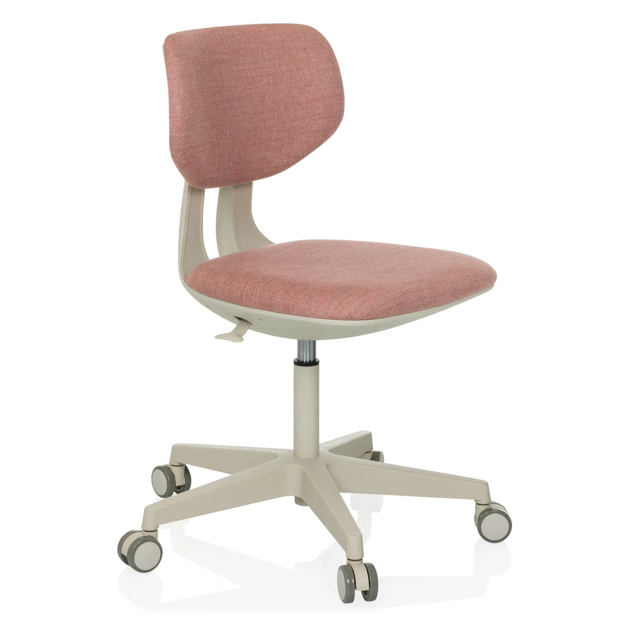 Rosa Kinderdrehstuhl KID CLASSIC mit gepolsterter Sitzfläche und Fußkreuz mit fünf Rollen von hjh OFFICE – 360-Grad-Ansicht (schräge Frontansicht 45°)