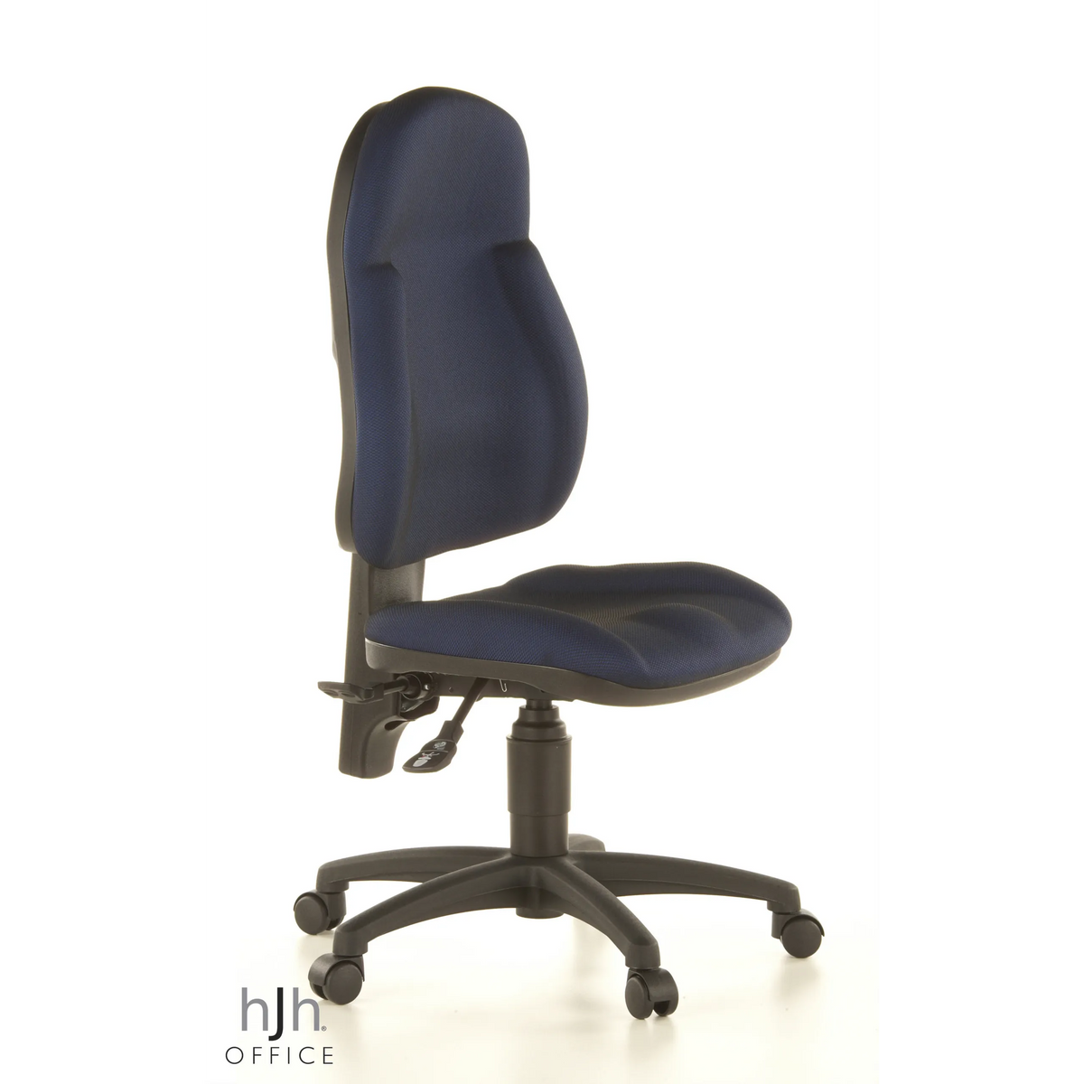 Blauer Homeoffice-Bürostuhl WELLPOINT 10 mit Fußkreuz und fünf Rollen von Topstar – 360-Grad-Ansicht (schräge Frontansicht 60°)