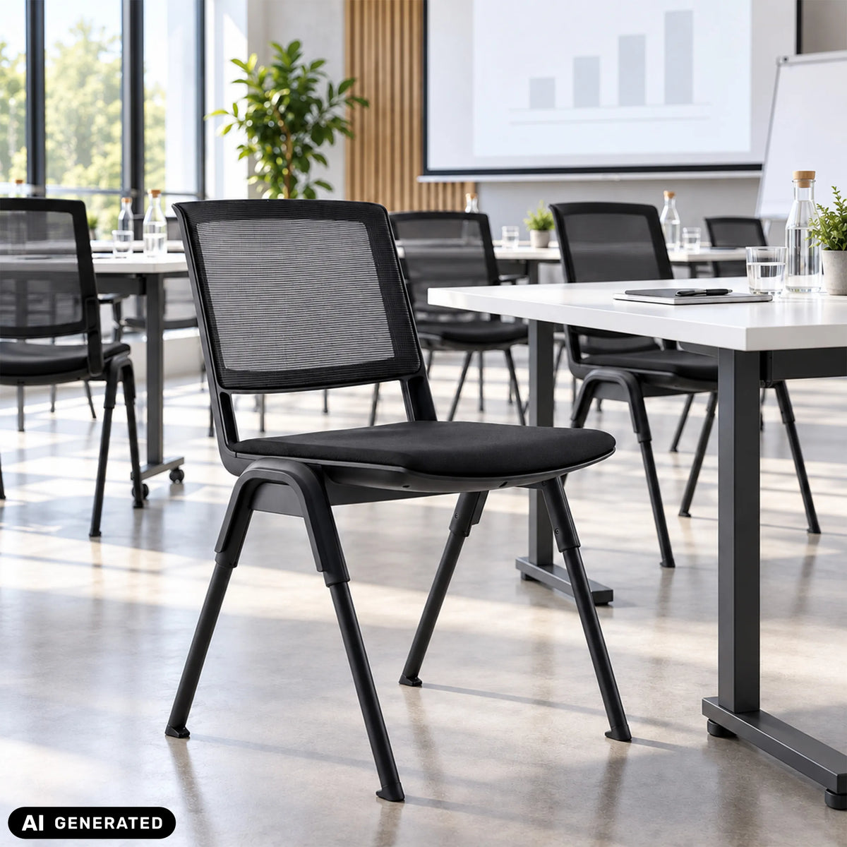 Besucherstuhl MEET WA in Schwarz mit Netzrückenlehne in einem Besprechungsraum von hjh OFFICE (KI-generiertes Bild)