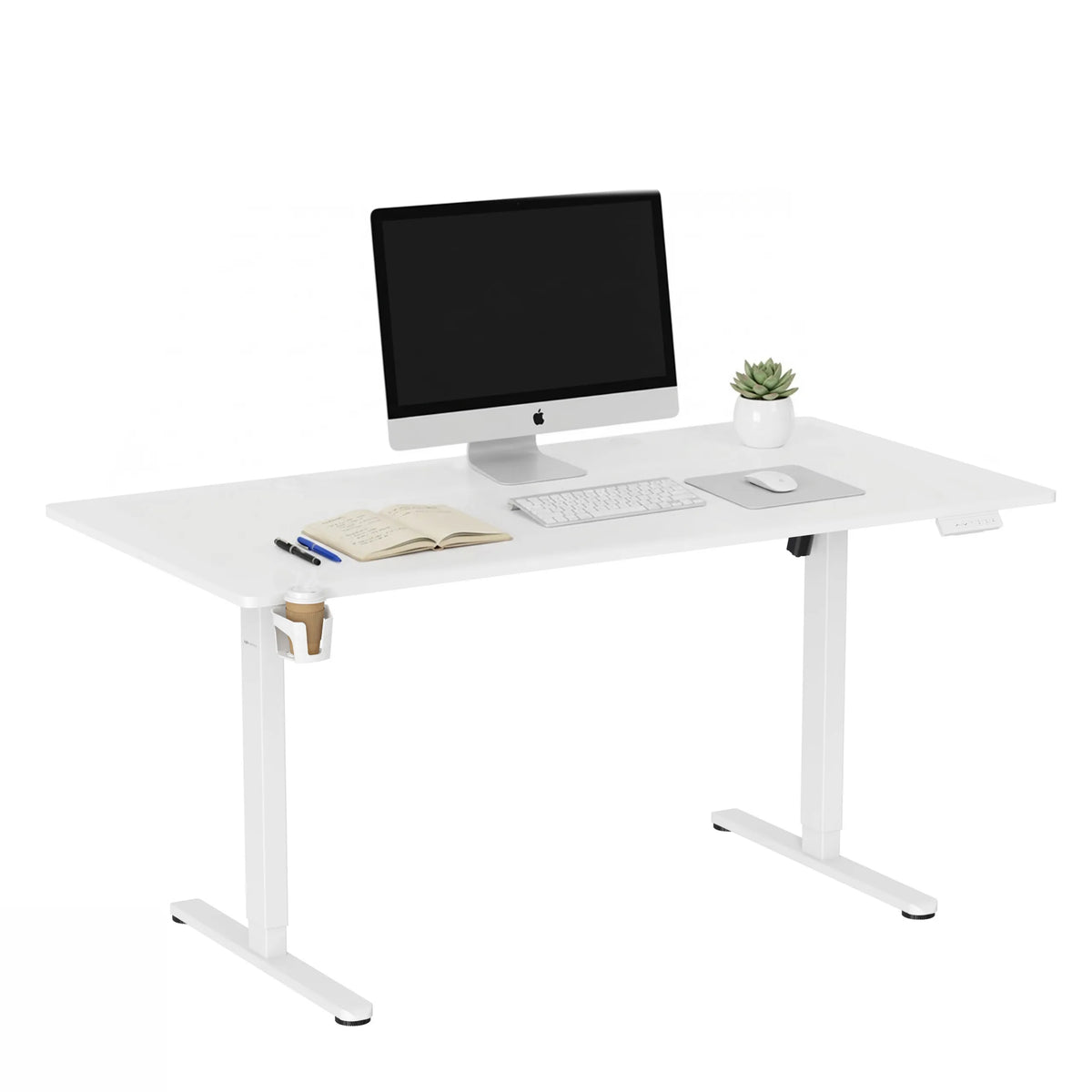 Elektrisch höhenverstellbarer Schreibtisch Worktime in Weiß mit Monitor, Tastatur und Becherhalter von hjh OFFICE