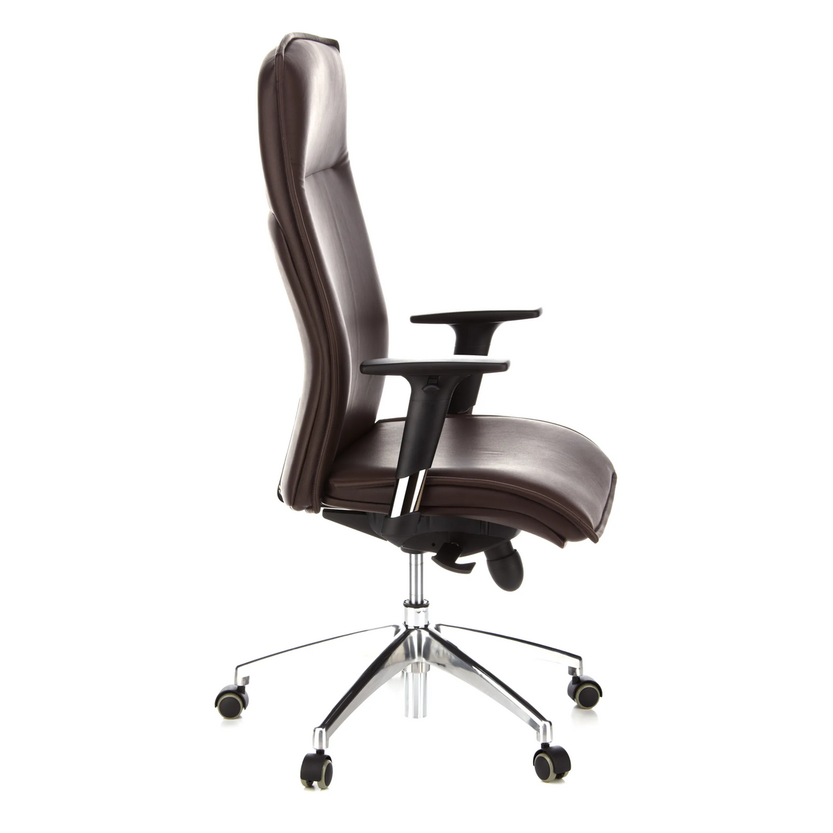 Dunkelbrauner Luxus-Chefsessel MURANO 20 mit Armlehnen und Fußkreuz mit fünf Rollen von hjh OFFICE – 360-Grad-Ansicht (Seitenprofil 80°)