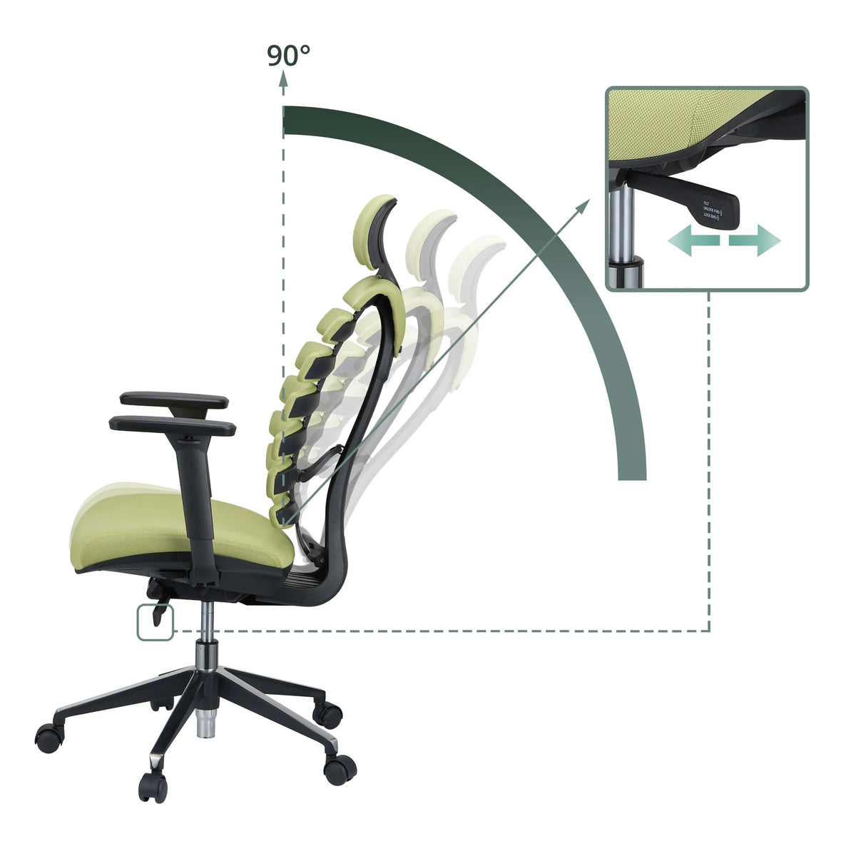 Verstellbare Rückenlehne mit Neigung bis 90° des Profi-Bürostuhls ERGO LINE II PRO in Grün von hjh OFFICE