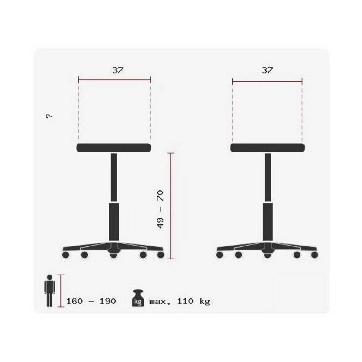 Technische Zeichnung der Stehhilfe SITNESS HIGH BOB mit einer Sitzfläche von 37 cm von Topstar