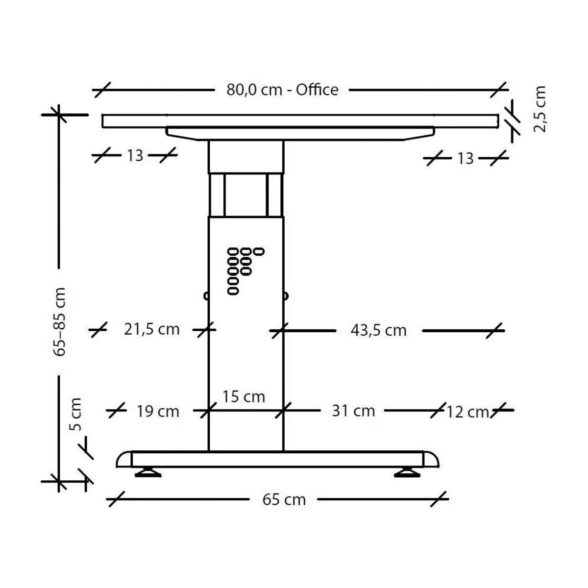 Maßzeichnung des höhenverstellbaren Schreibtischs MEGA 16 W der Serie MEGA von hjh OFFICE PRO
