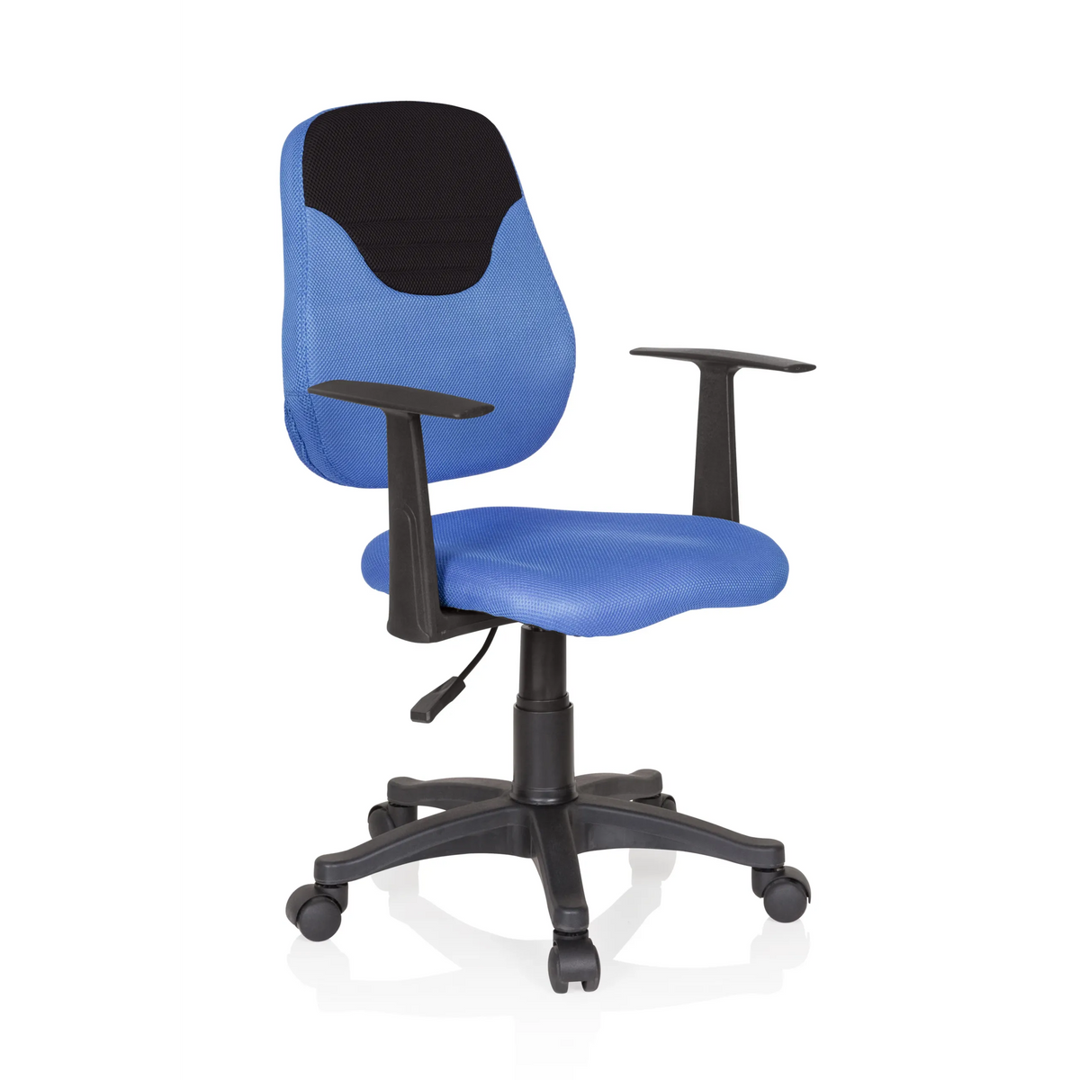 Blauer Kinderdrehstuhl KIDDY STYLE mit Netzrücken, Armlehnen und Fußkreuz mit fünf Rollen von hjh OFFICE – 360-Grad-Ansicht (schräge Frontansicht 40°)