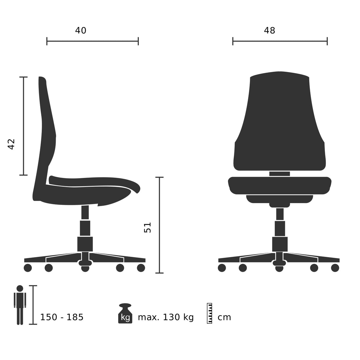 Technische Zeichnung des Polsterstuhls TARVISO PU mit einer maximalen Belastbarkeit von 130 kg von hjh OFFICE