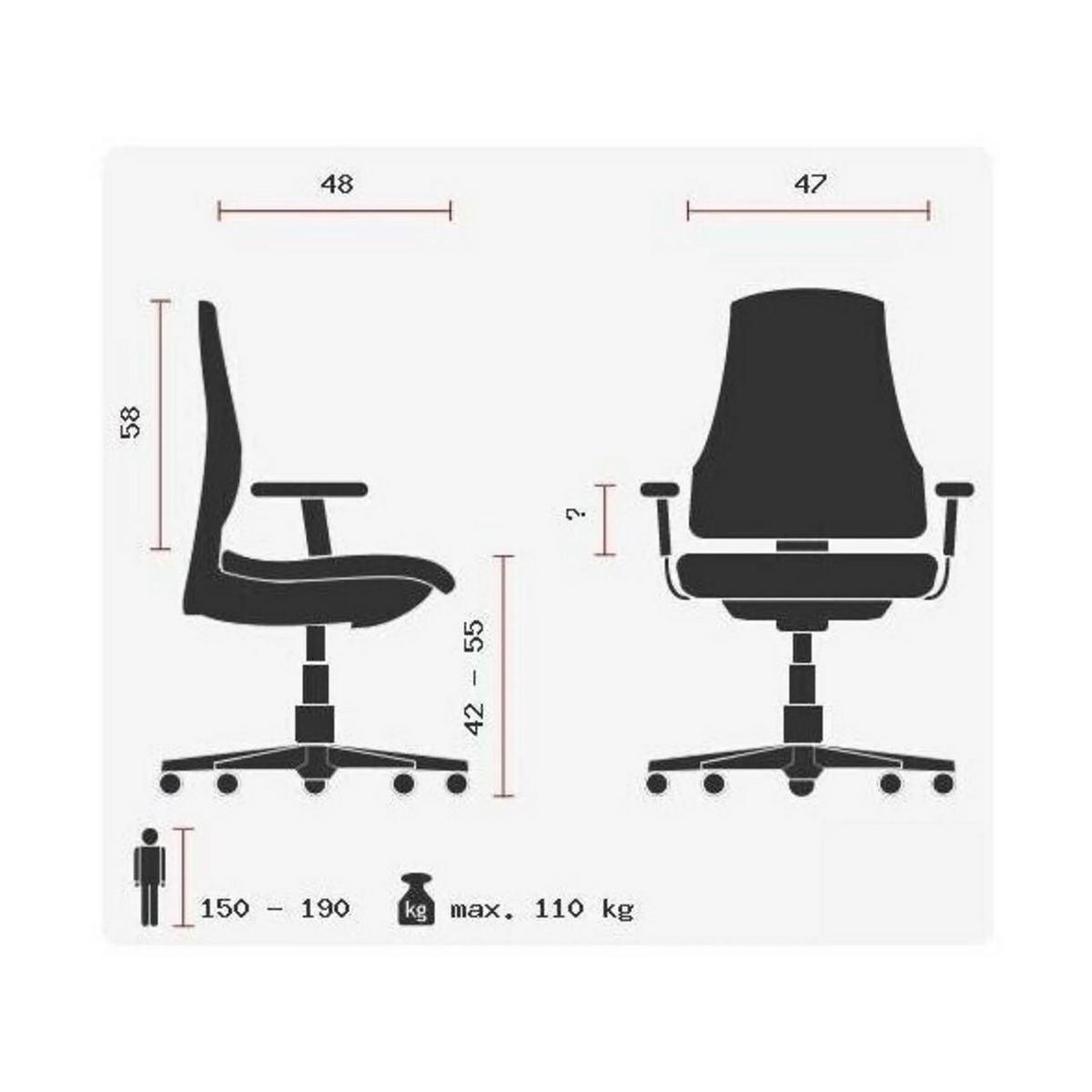Technische Zeichnung des Profi-Bürostuhls SITNESS 30 mit einer maximalen Belastung von 110 kg von Topstar