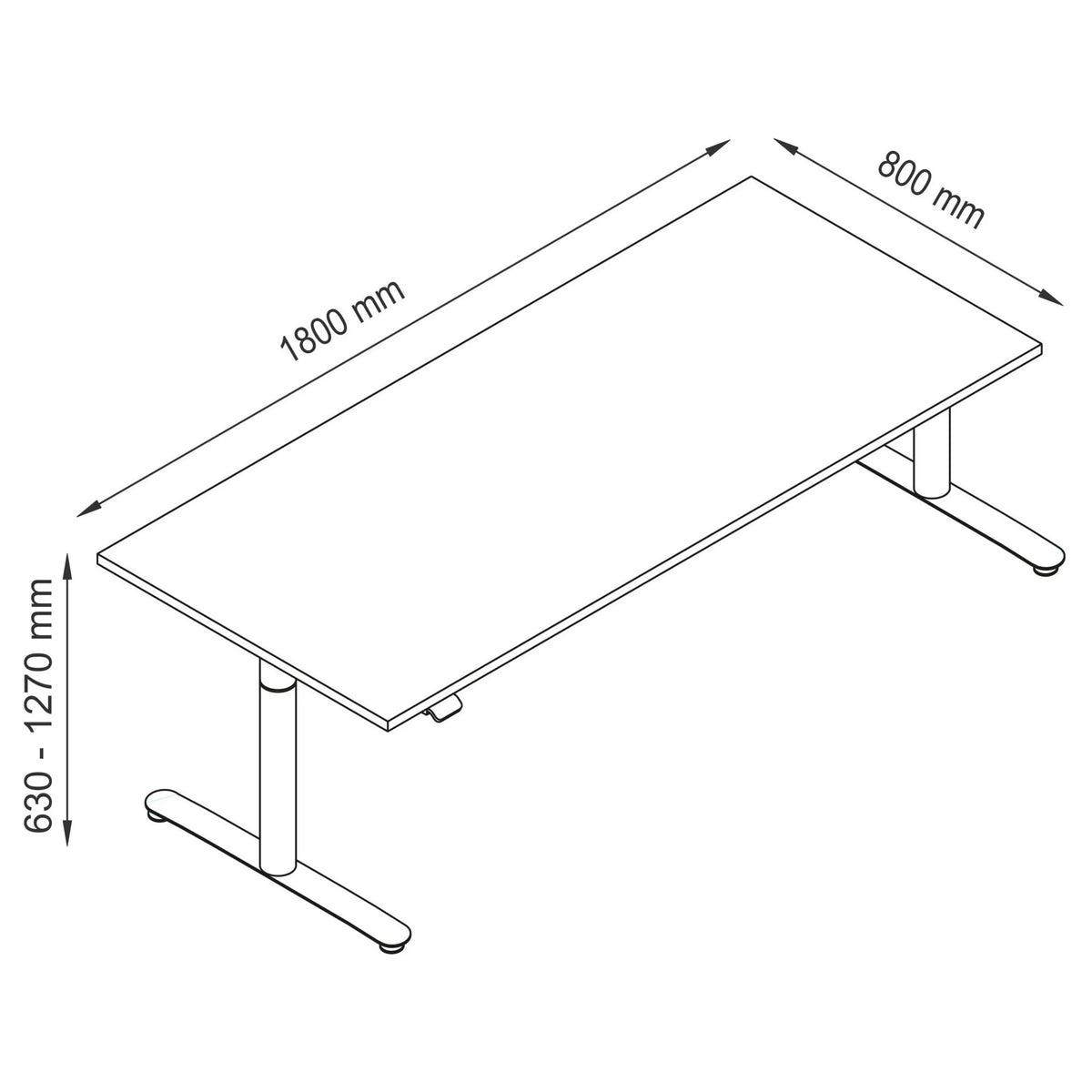 Technische Zeichnung des Schreibtischs XDLR 19 W mit 1800 × 800 mm von hjh OFFICE PRO
