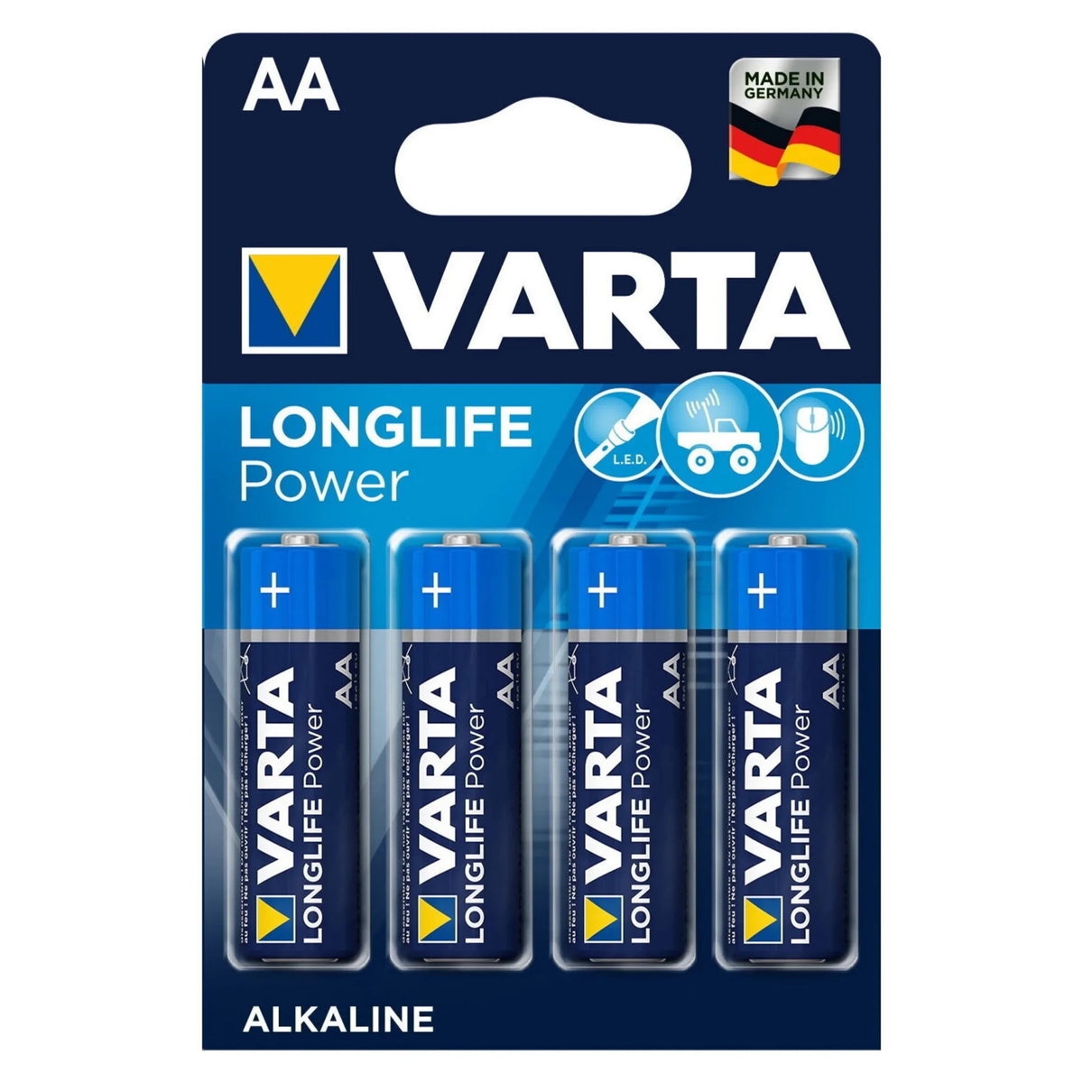 Vier blaue Batterien VARTA im Vierer-Set in einer Blisterpackung von VARTA
