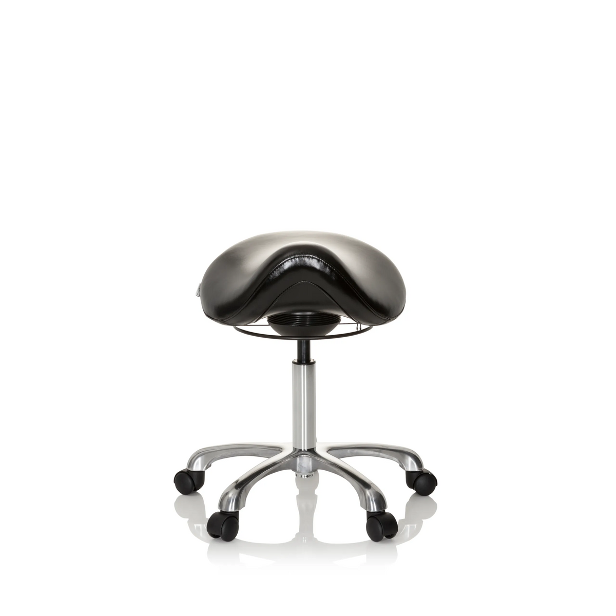 Schwarzer Sattelhocker ORTHO SIT mit Fußkreuz und fünf Rollen von hjh OFFICE – 360-Grad-Ansicht (Frontansicht 0°)