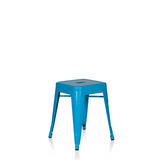 Hellblauer Bistrohocker VANTAGGIO mit quadratischer Sitzfläche und Verstrebungen von hjh OFFICE – 360-Grad-Ansicht (schräge Frontansicht 40°)