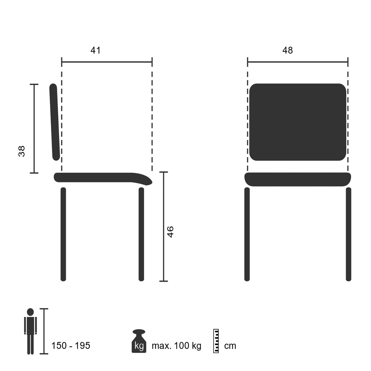 Technische Zeichnung des Vierfußstuhls XT 600 SW mit einer Sitzhöhe von 46 cm von hjh OFFICE