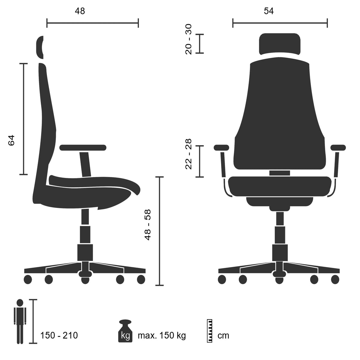 Technische Zeichnung des XXL Drehstuhls 24 HOURS I mit einer maximalen Belastung von 150 kg von hjh OFFICE