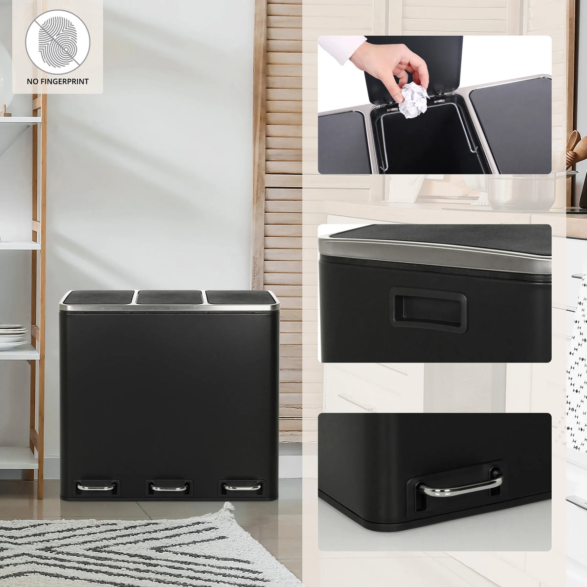 Dreifach-Mülleimer Clean 9 in Schwarz mit drei separaten Klappdeckeln und Fußpedalen von hjh OFFICE